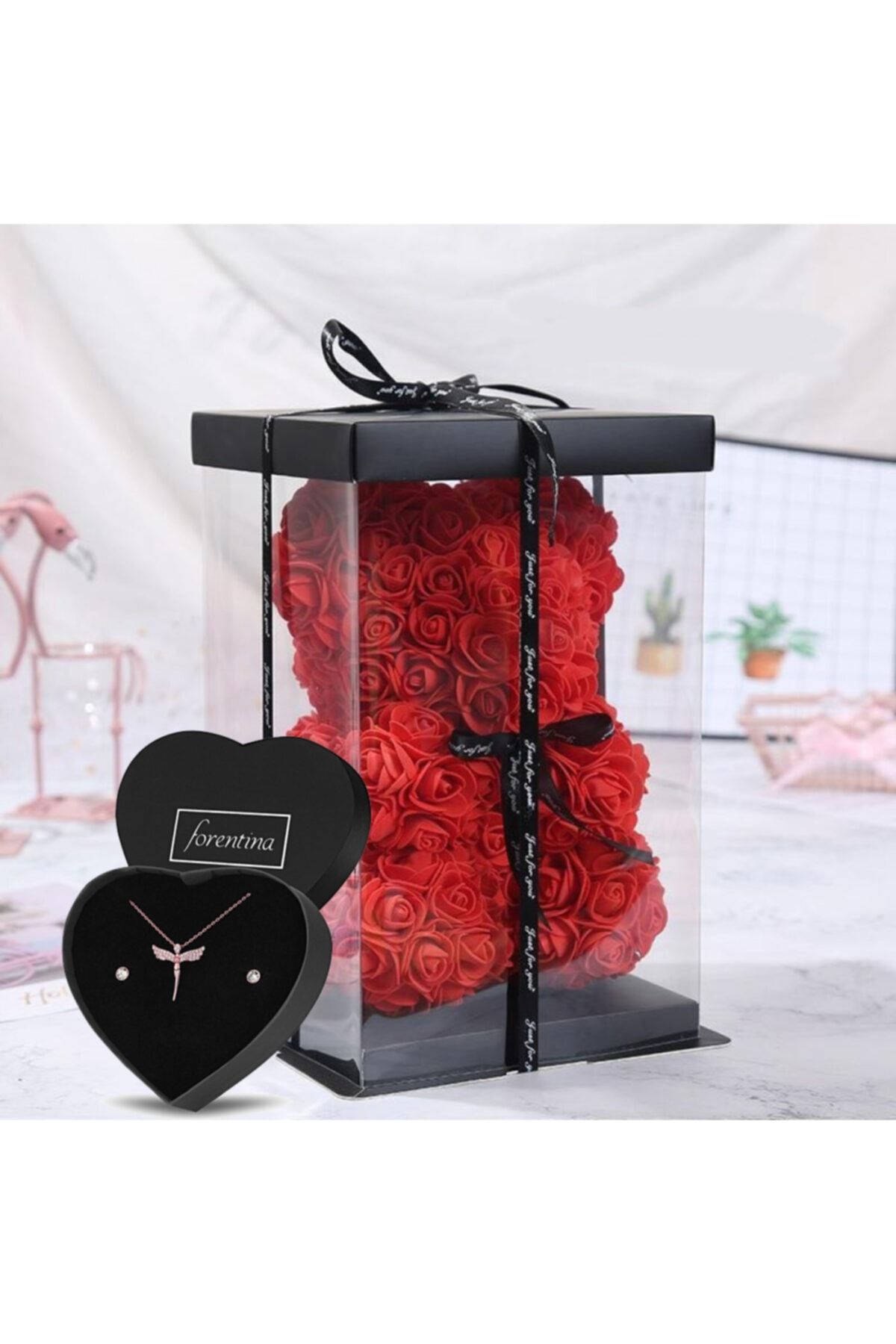 Forentina Rose Melek Kolye Küpe Set Teddy Bear Kırmızı Güllü Ps1772