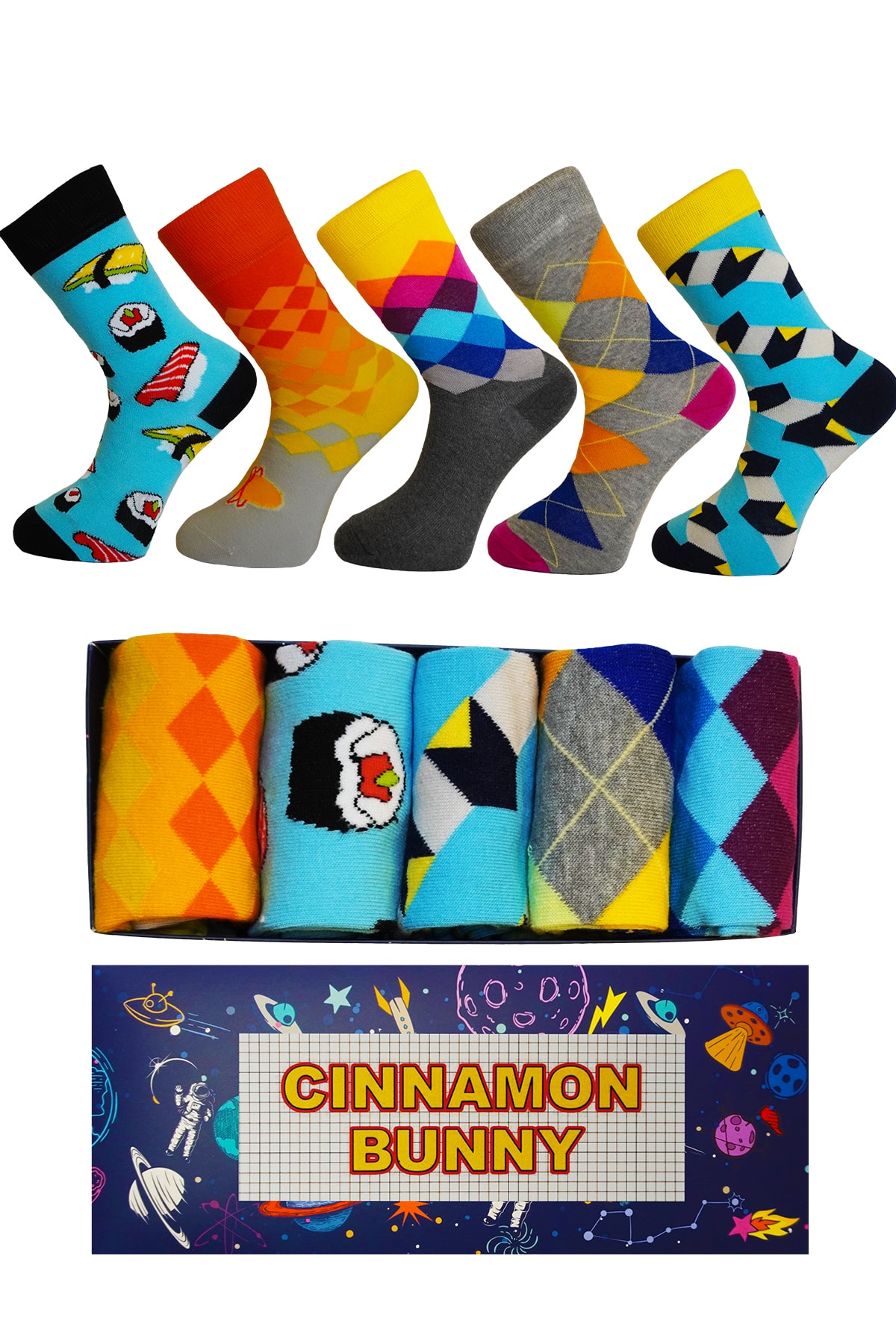 Cinnamon Bunny Sushi Geometrik Karışık Desenli Premium Cotton Tasarım Unisex Çorap 5'li Set Kutu
