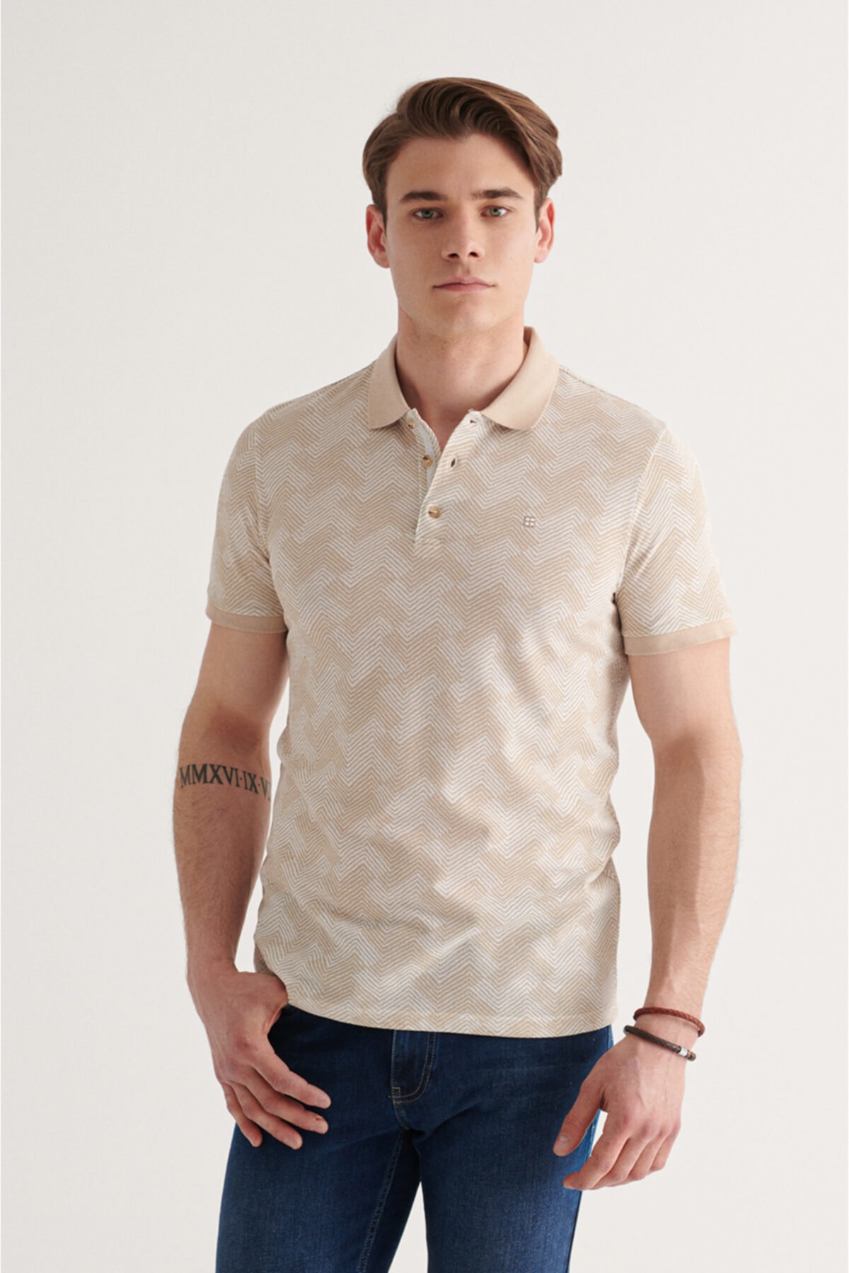 Avva Erkek Bej Polo Yaka Jakarlı T-shirt A11y1116