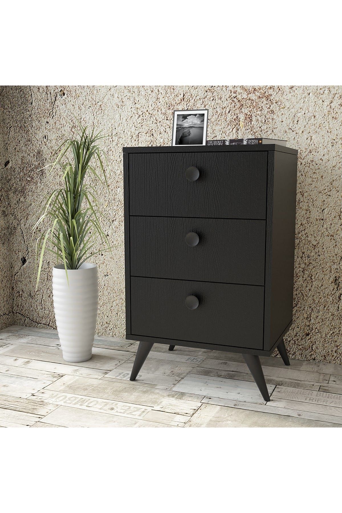 Yurudesign Vilamo Komodin Ahşap Ayak, 3Çekmece, Siyah VL68-332