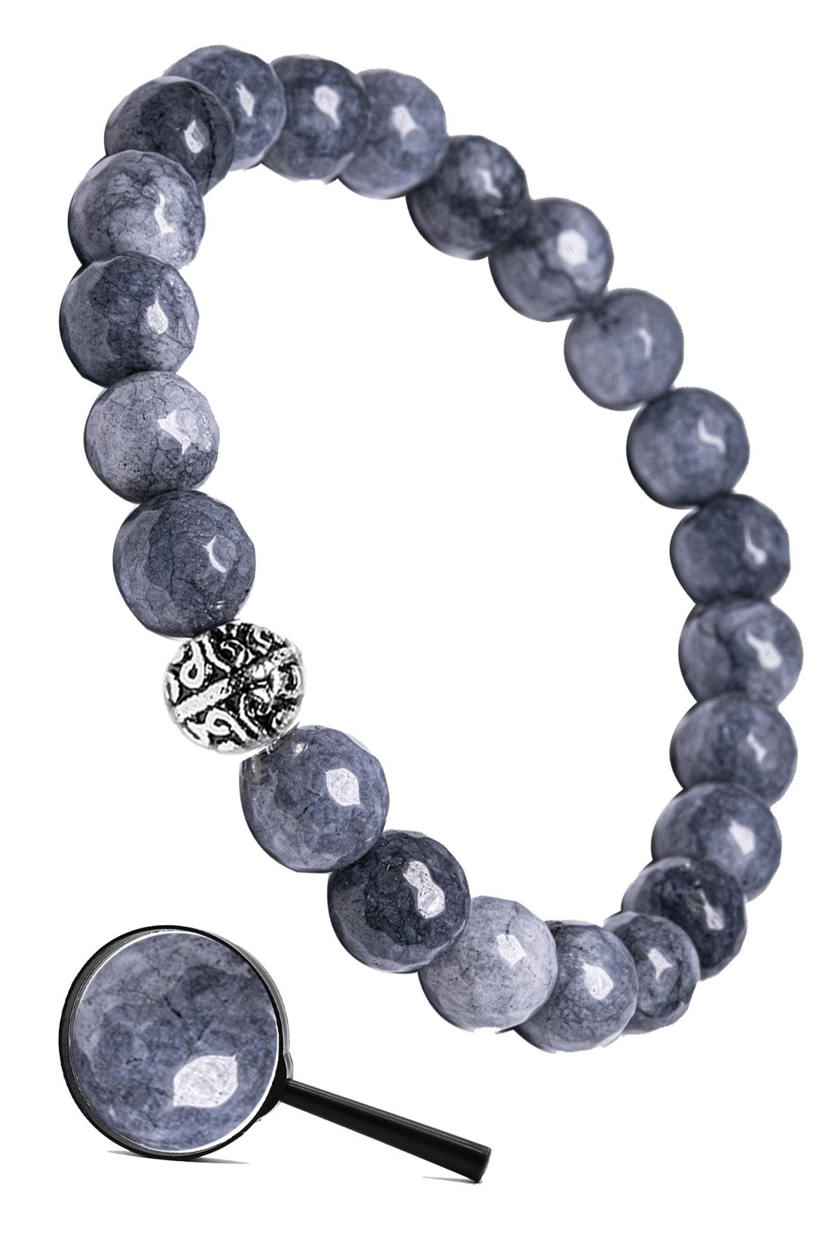 Tesbih At lyesi Certified Silver Faceted Natural Gray Agate Stone