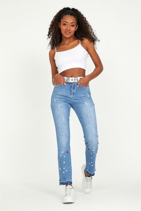 RAW Orginal &Ccedil;icek Desenli Nakış Ve Kemerli Kadın Trend Pantalon