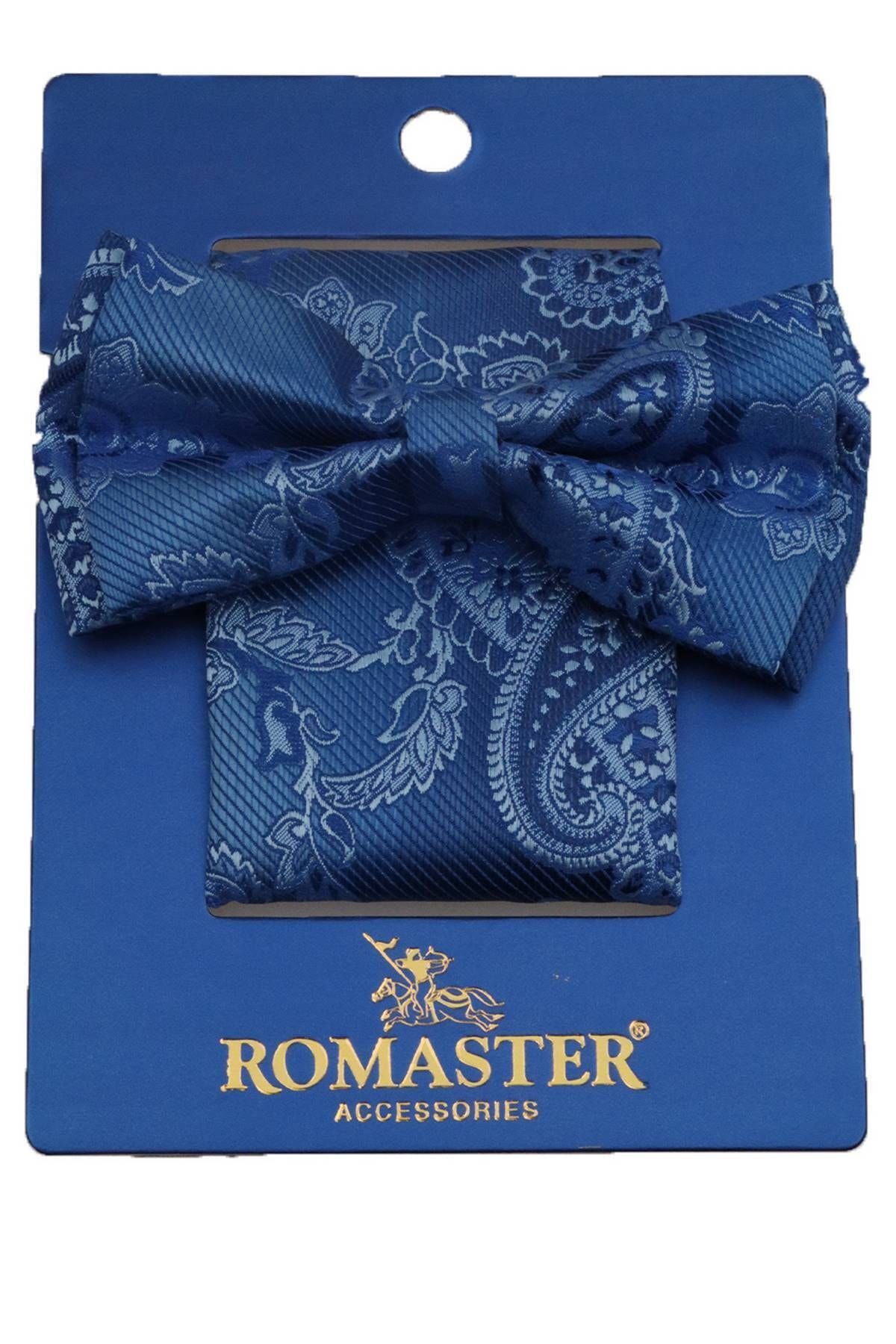ROMASTER Mavi Renk Şal Desenli Mendilli Papyon