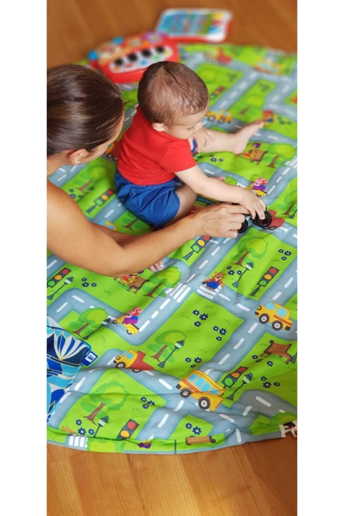 LUCKY MAMAS Erkek Bebek Oyun Halısı Çift Taraflı Oyuncak Saklama Halısı