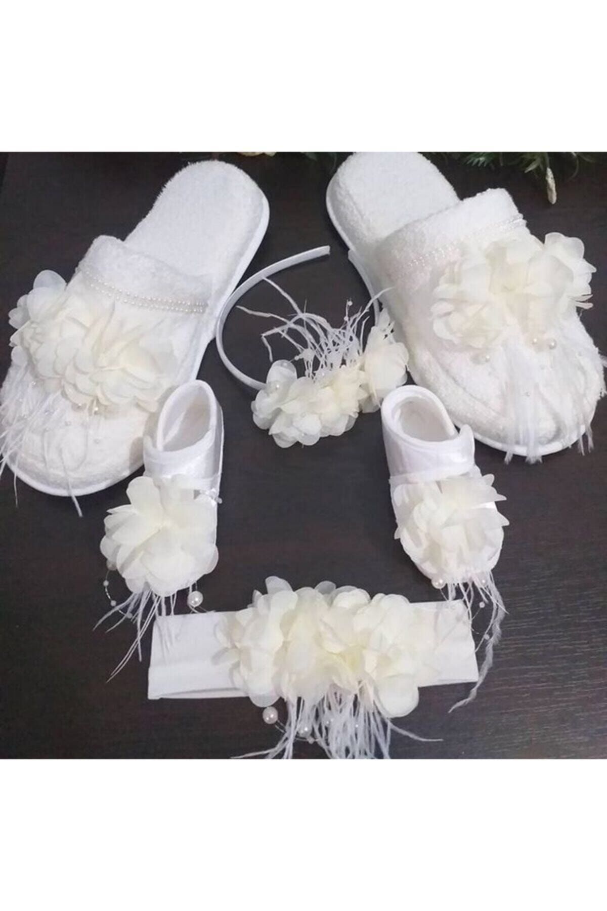 SÜSLÜTASARIM Kadın Krem Lohusa Terlik Ve Taç Bebek Patik Ve Bandana Tüylü Incili Set
