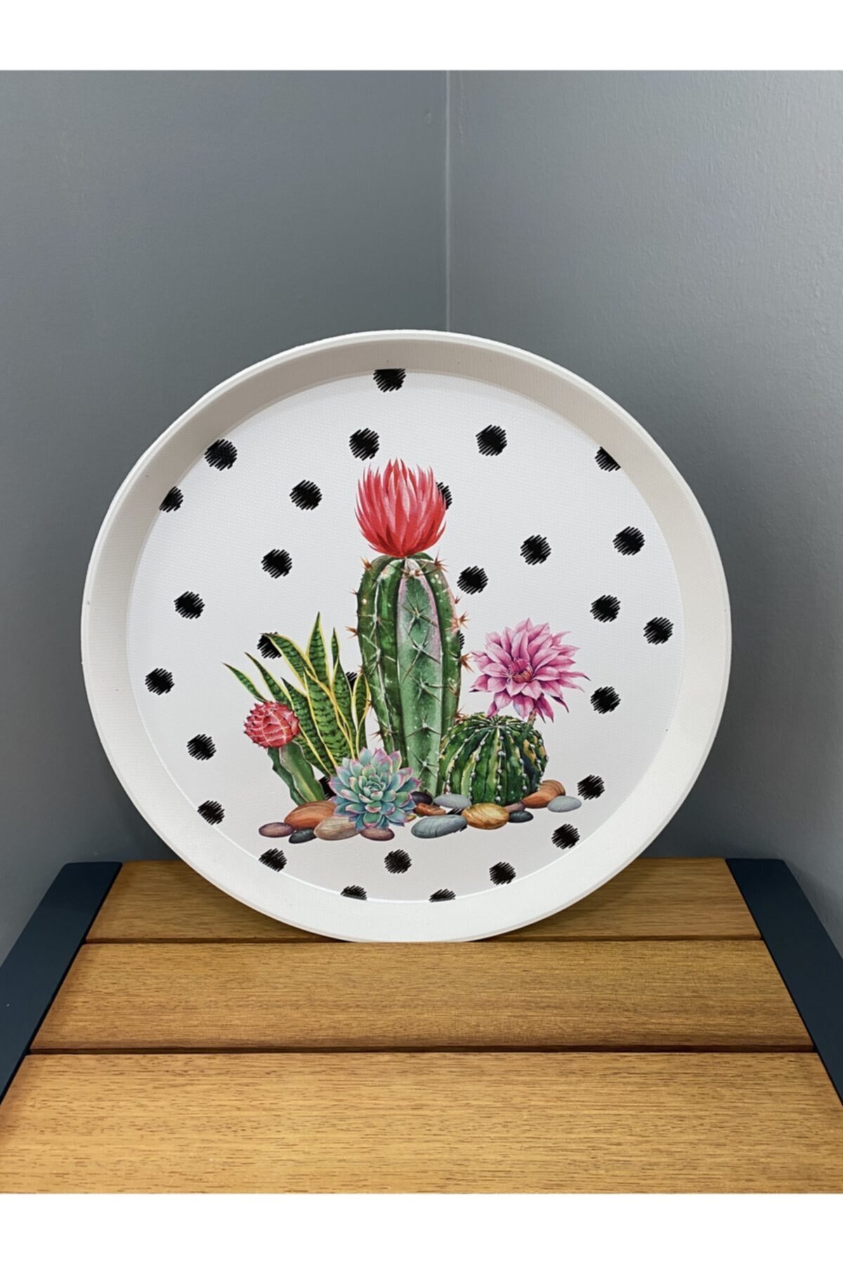 Çavdar Group Lüx Plastik Yuvarlak Tepsi Kaktüs Desen Kahve Çay Servis Sunum Tepsi