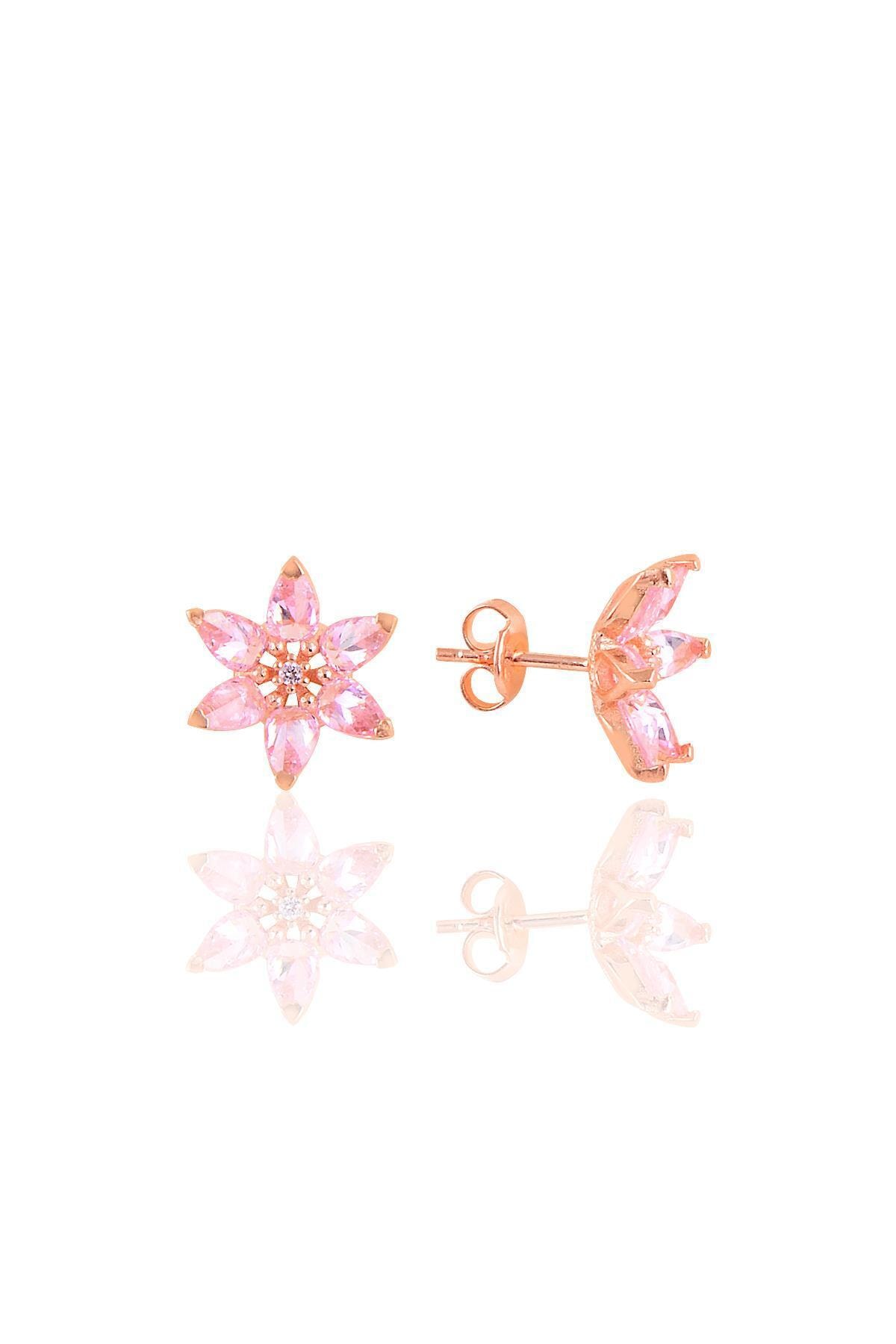 Söğütlü Silver Gümüş Rose Taşlı Nilüfer Lotus Çiçeği Küpe