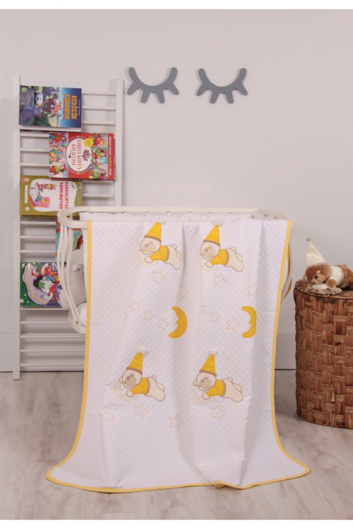 mellowbabystore %100 Pamuk Sarı Uyuyan Ayı Desenli Bebek Pikesi