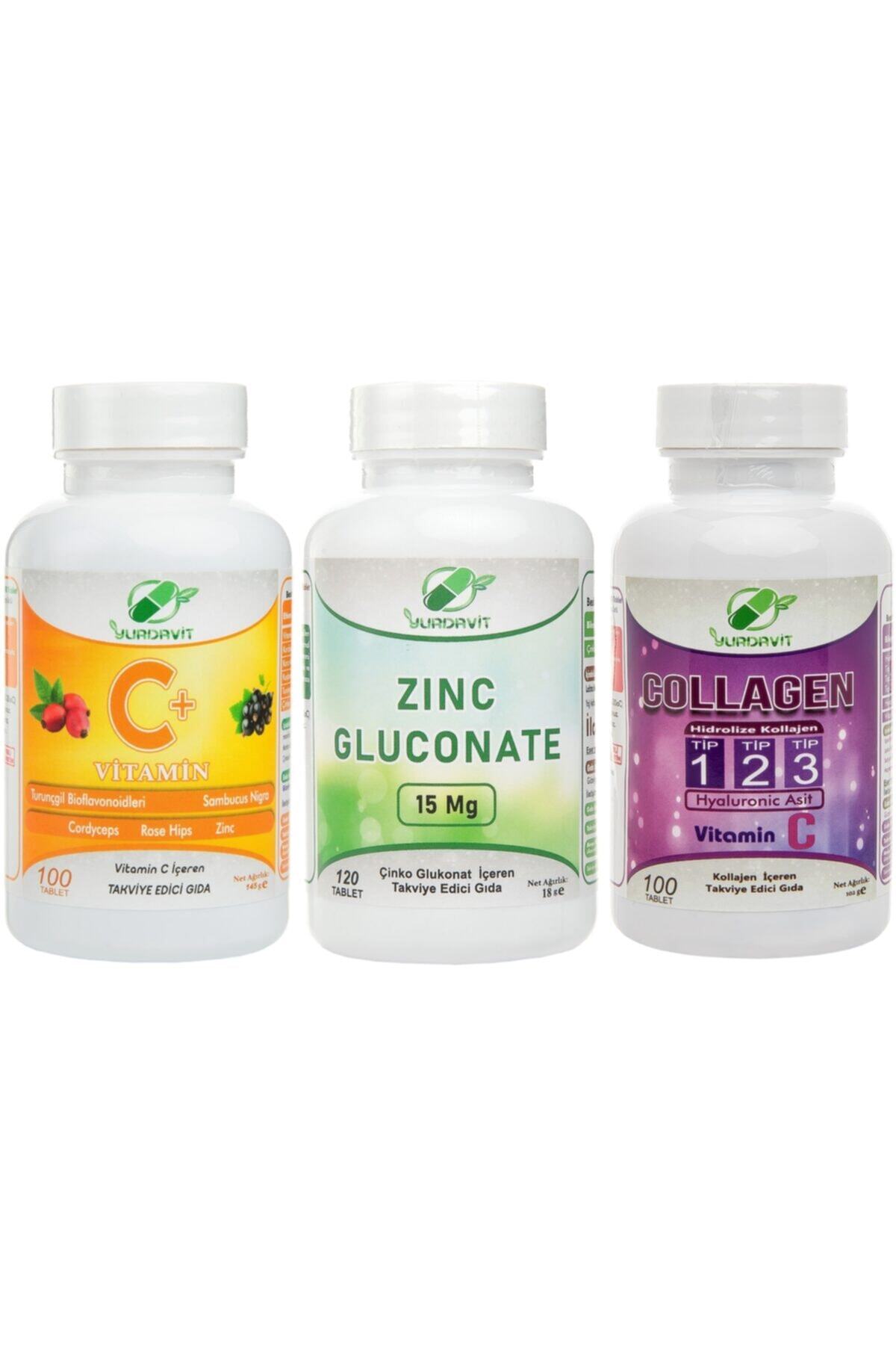 Yurdavit Vitamin C 1000 Mg 100 Tab Zinc Gluconate Çinko Glukonat 120 Tab Collagen Kolajen 100 Tablet