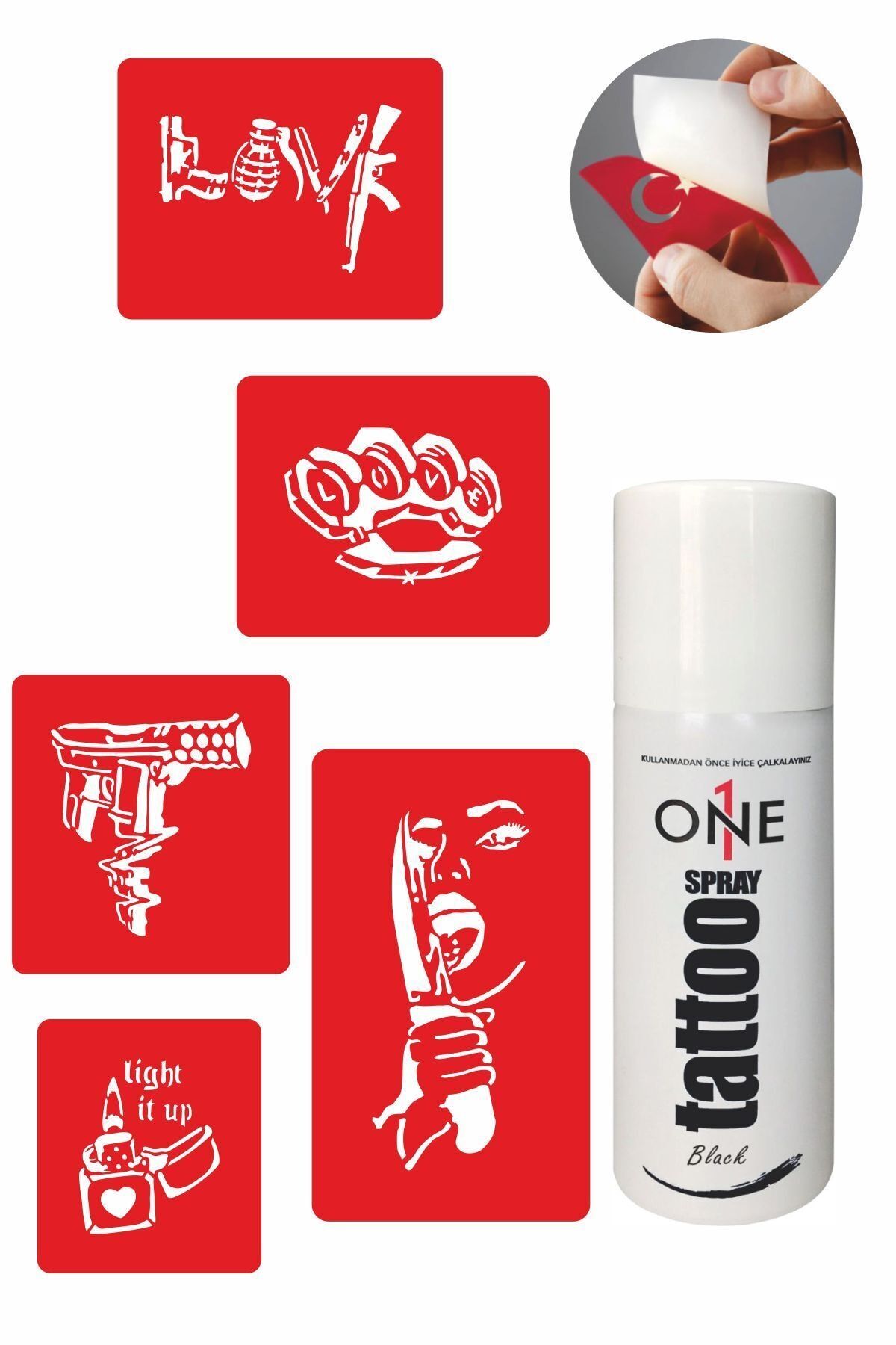 ONE SPRAY TATTOO Barış Mutluluktur Dövme Seti Siyah Sprey Ve 5 Desen 7710815