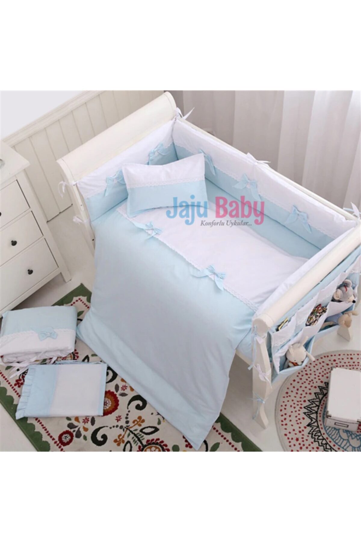 Jaju Baby Mavi Beyaz Bebek Nevresim Takımı Ve Kenar Koruma 100x200