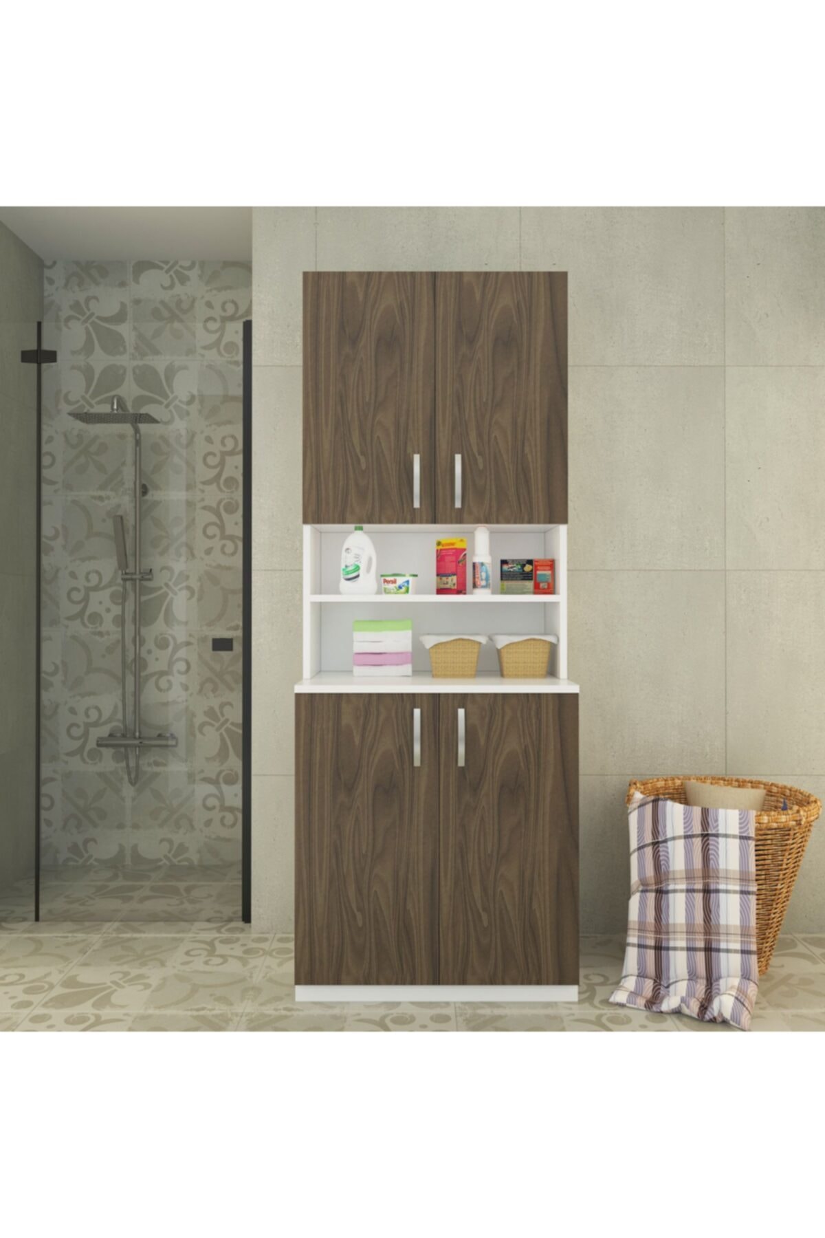 ARS GRUP MOBİLYA Berlin Banyo Dolabı Çamaşır Makinesi Dolabı 4 Kapaklı Raflı Dolap