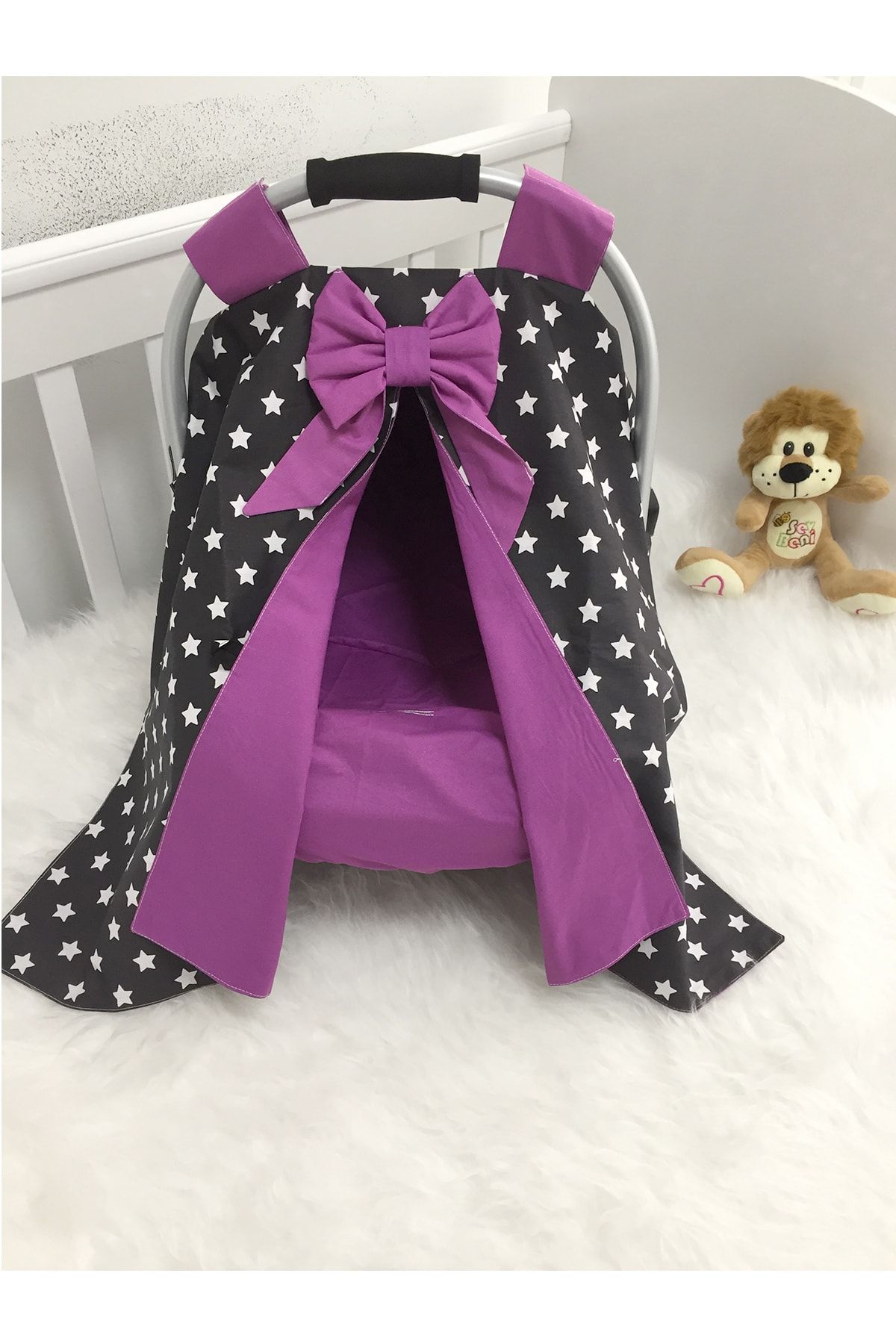 Jaju Baby Mor Ve Siyah Yıldızlı Kombinli Puset Örtüsü Ve Iç Kılıfı