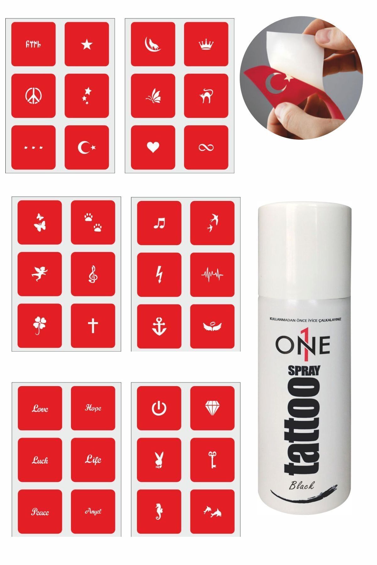 ONE SPRAY TATTOO Minimal Desenler Dövme Seti Siyah Sprey ve 6 Sayfa 6600516