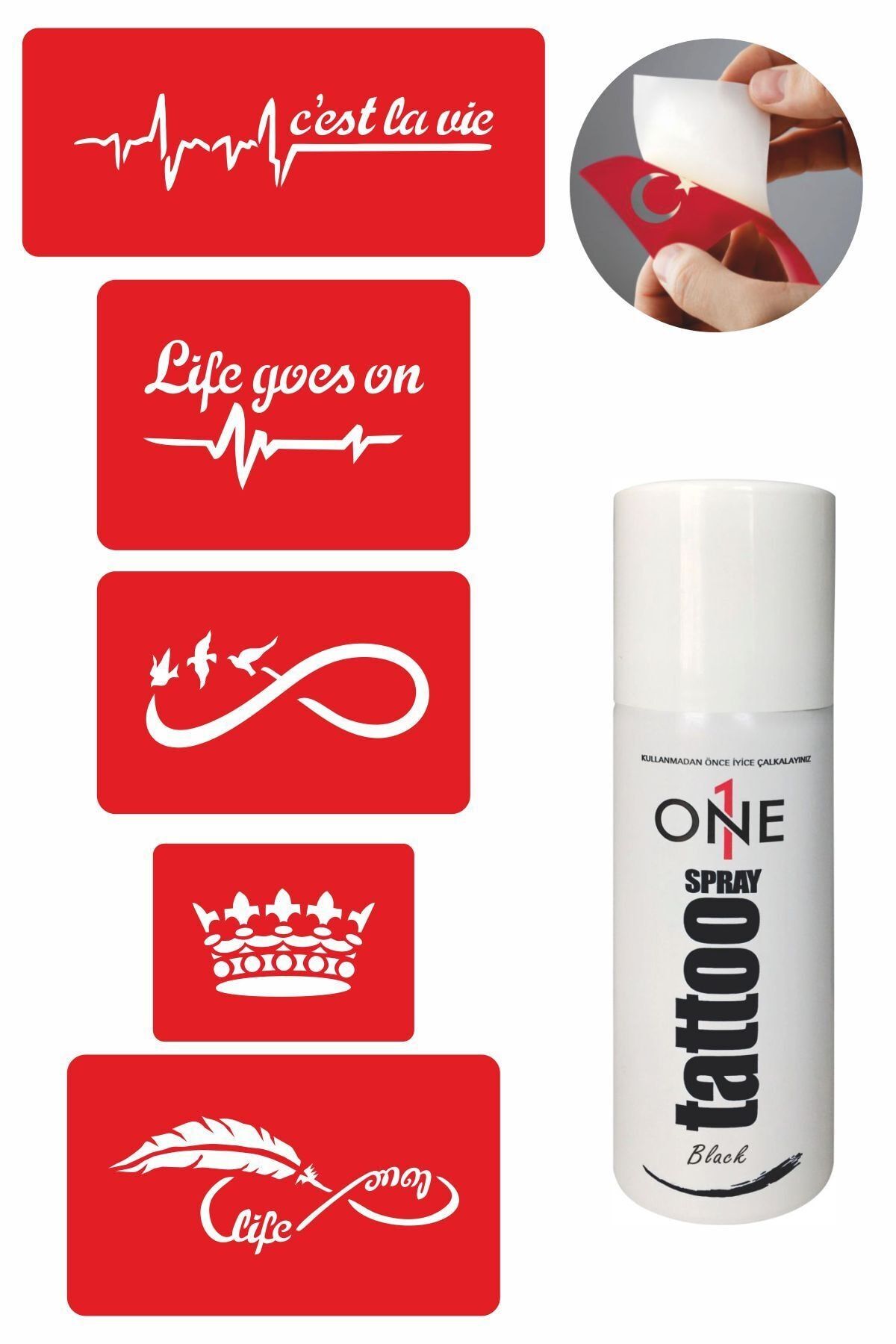 ONE SPRAY TATTOO Hayatınızı Taçlandırın Dövme Seti Siyah Sprey ve 5 Desen 7703815