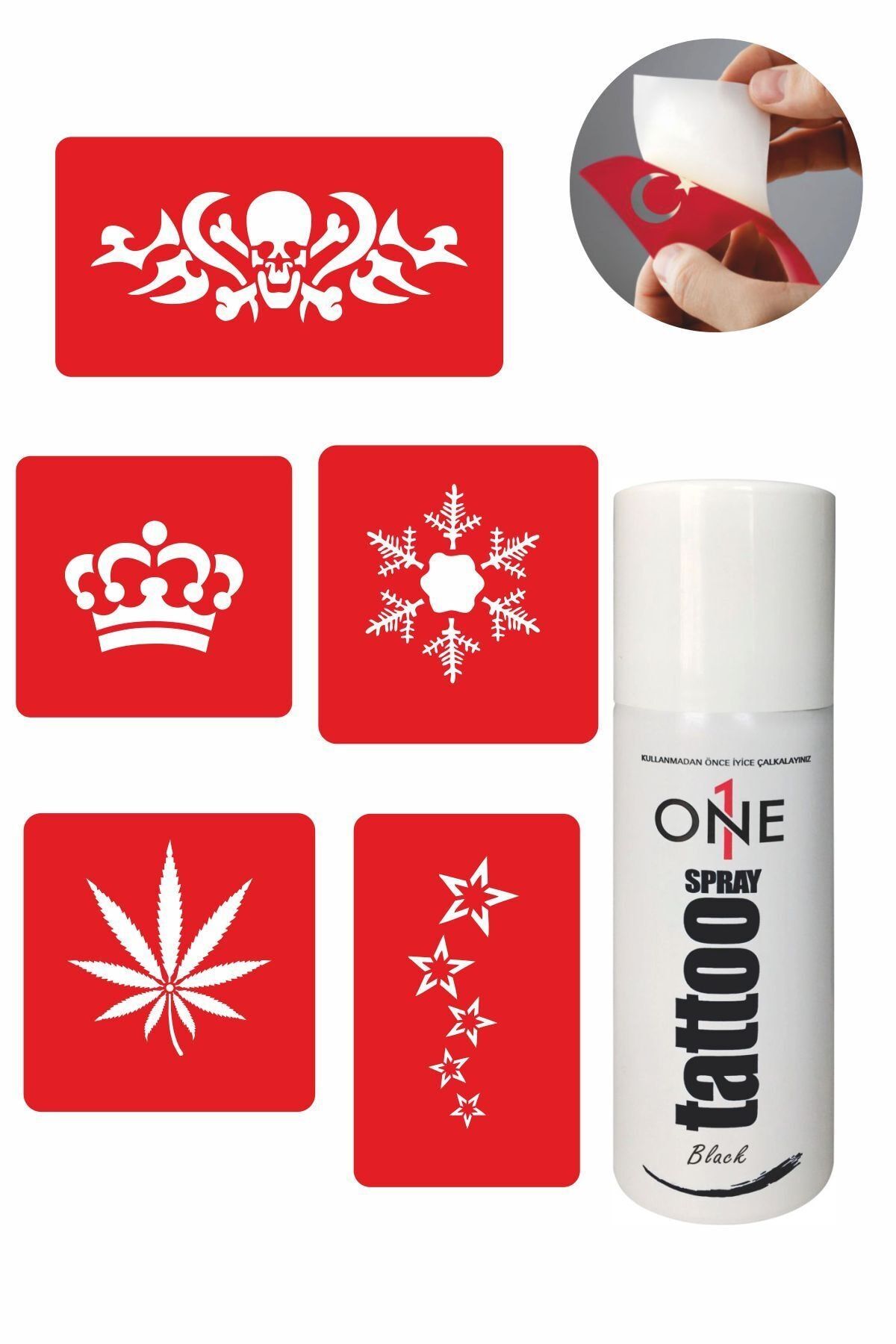 ONE SPRAY TATTOO Iskelet ve Taç Dövme Seti Siyah Sprey + 5 Desen 7709115