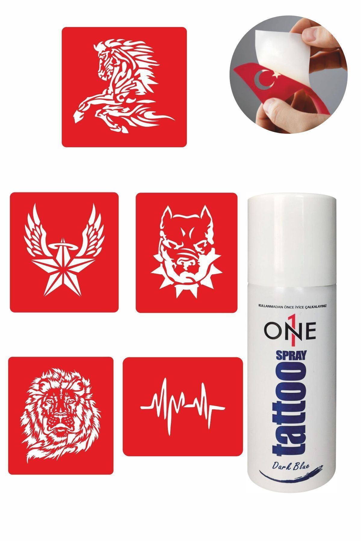 ONE SPRAY TATTOO Şahlanan At Dövme Seti Dark Blue Sprey ve 5 Desen 7707925