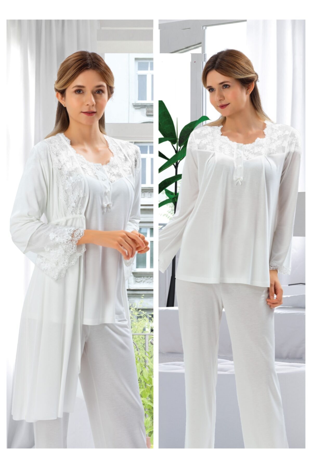 Duchesse Kadın Ekru Sabahlıklı Pijama Takım