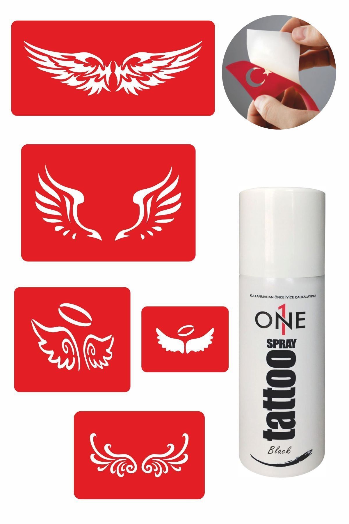 ONE SPRAY TATTOO Kanatlar Geçici Dövme Seti Siyah Sprey Ve 5 Desen 7700515