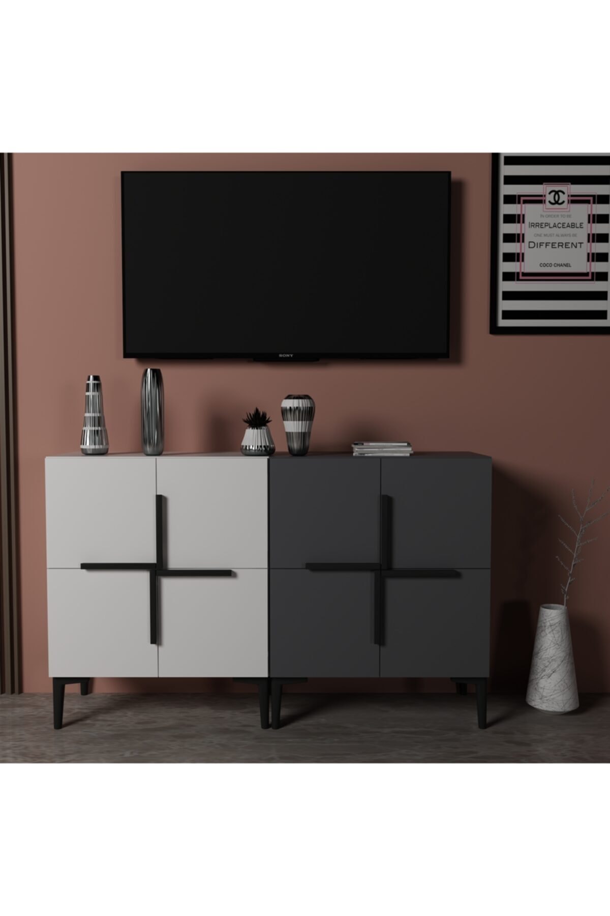 MERT SERT MOBİLYA Way Tv Ünitesi Çok Amaçlı Dolap Kitaplık 120 cm Beyaz Antrasit