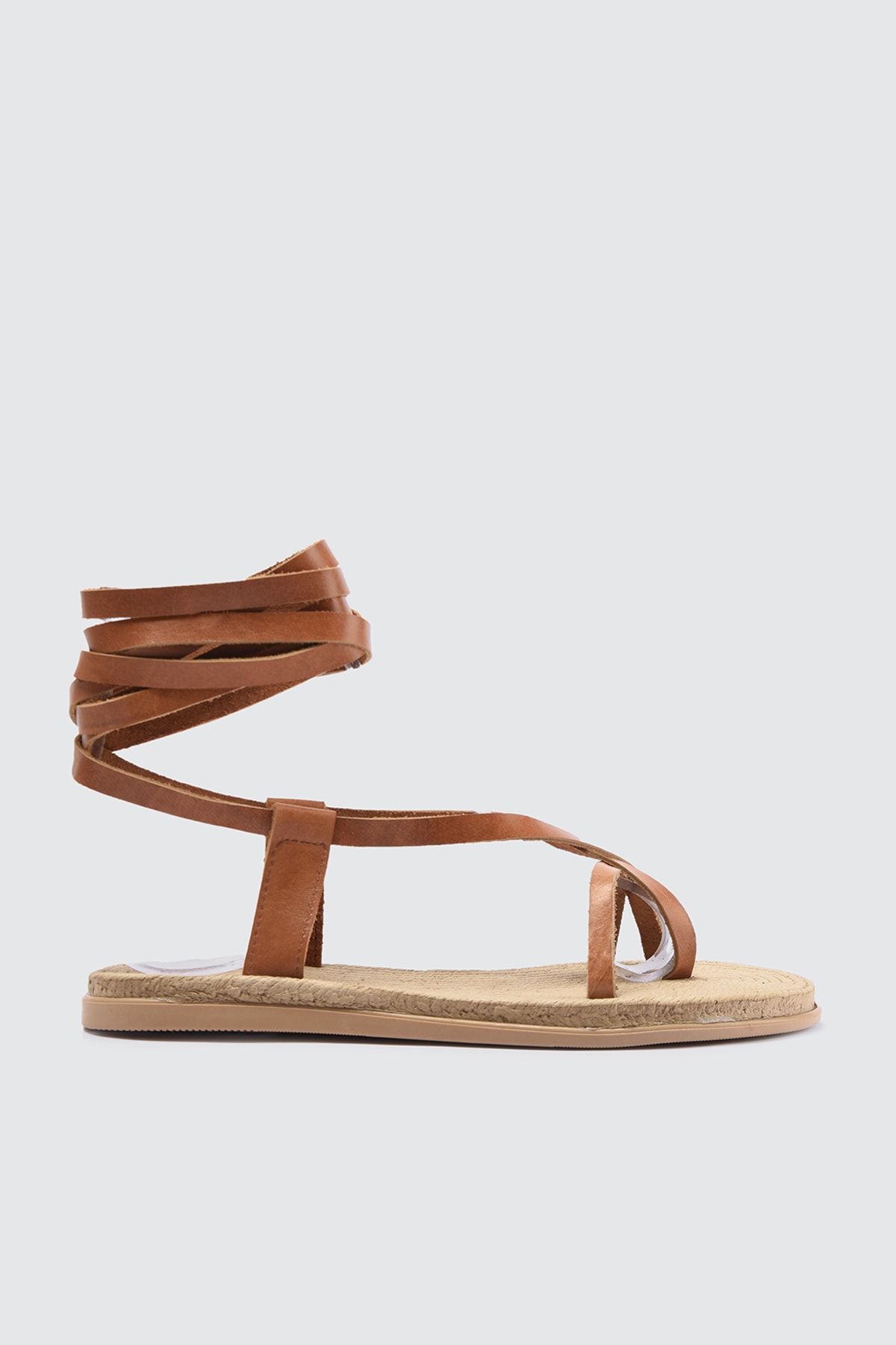TRENDYOL SHOES Taba Hakiki Deri Bağlamalı Kadın Sandalet TAKSS21SD0029