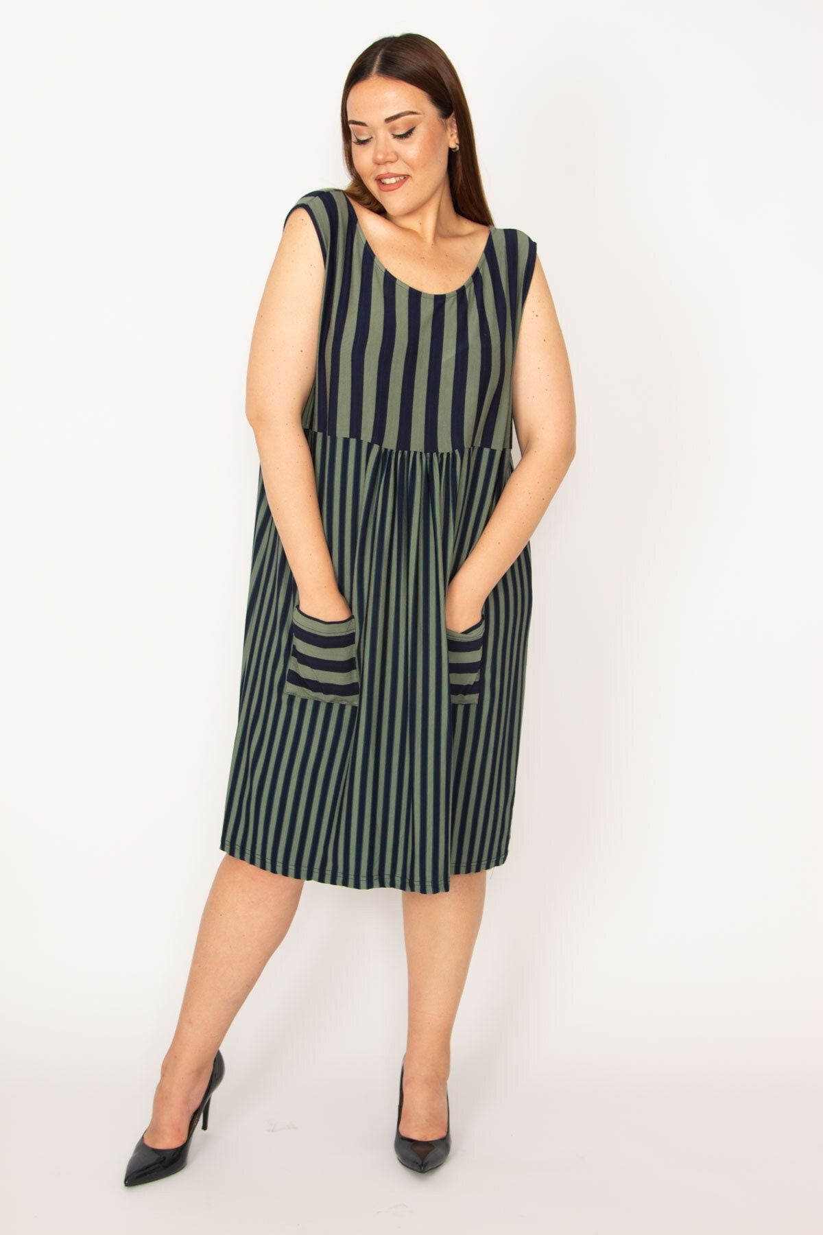 ans Women s Plus Size Khaki Stripe Combination Pocket Dress