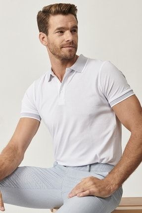 ALTINYILDIZ CLASSICS Erkek Beyaz Düğmeli Polo Yaka Cepsiz Slim Fit Dar Kesim Düz Tişört