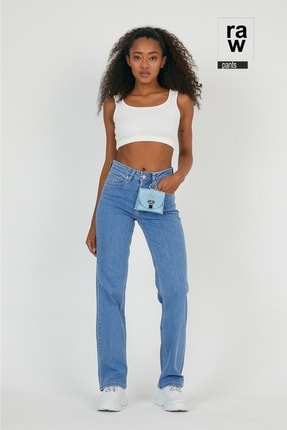 RAW Orginal Ispanyol Pa&ccedil;a Jakron Mavi Denim &Ccedil;anta Detaylı Bayan Trend Pantalon