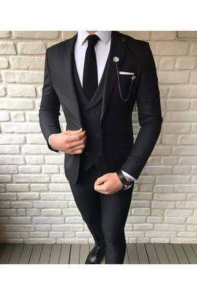 Siyah Dar Kesim Slim Fit Takım Elbise (kravat Mendil Ve Yaka Süsü Hediye ) Image 0