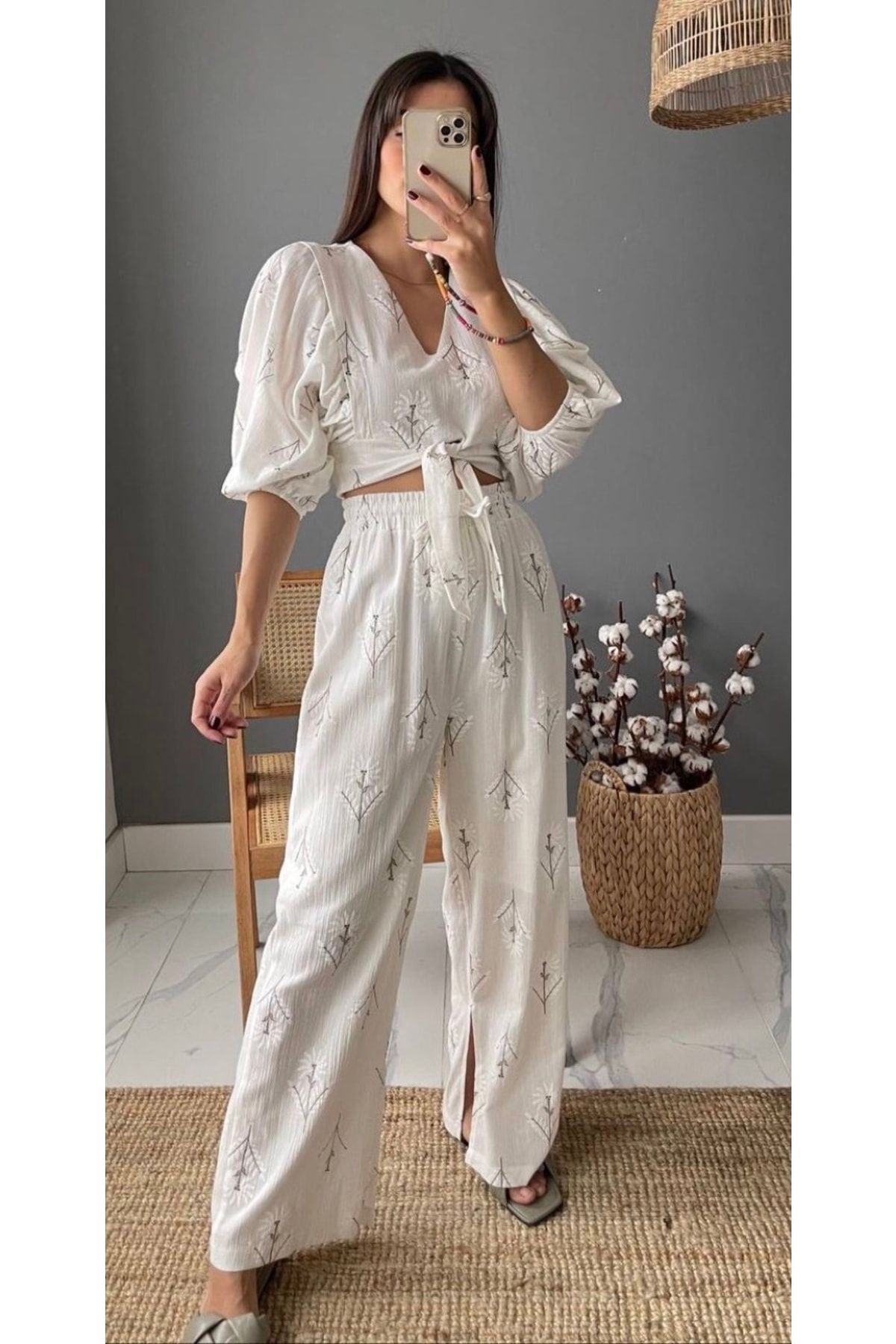 Puff Sleeves Shirt With Wide Leg Pants, Two-piece Suit, Palazzo