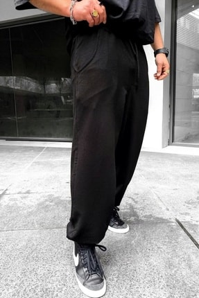 Gri Siyah Büyük Beden Eşofman Paçası Lastikli Oversize Siyah Eşofman Yazlık Battal Kalıp Bol Eşofman Image 0