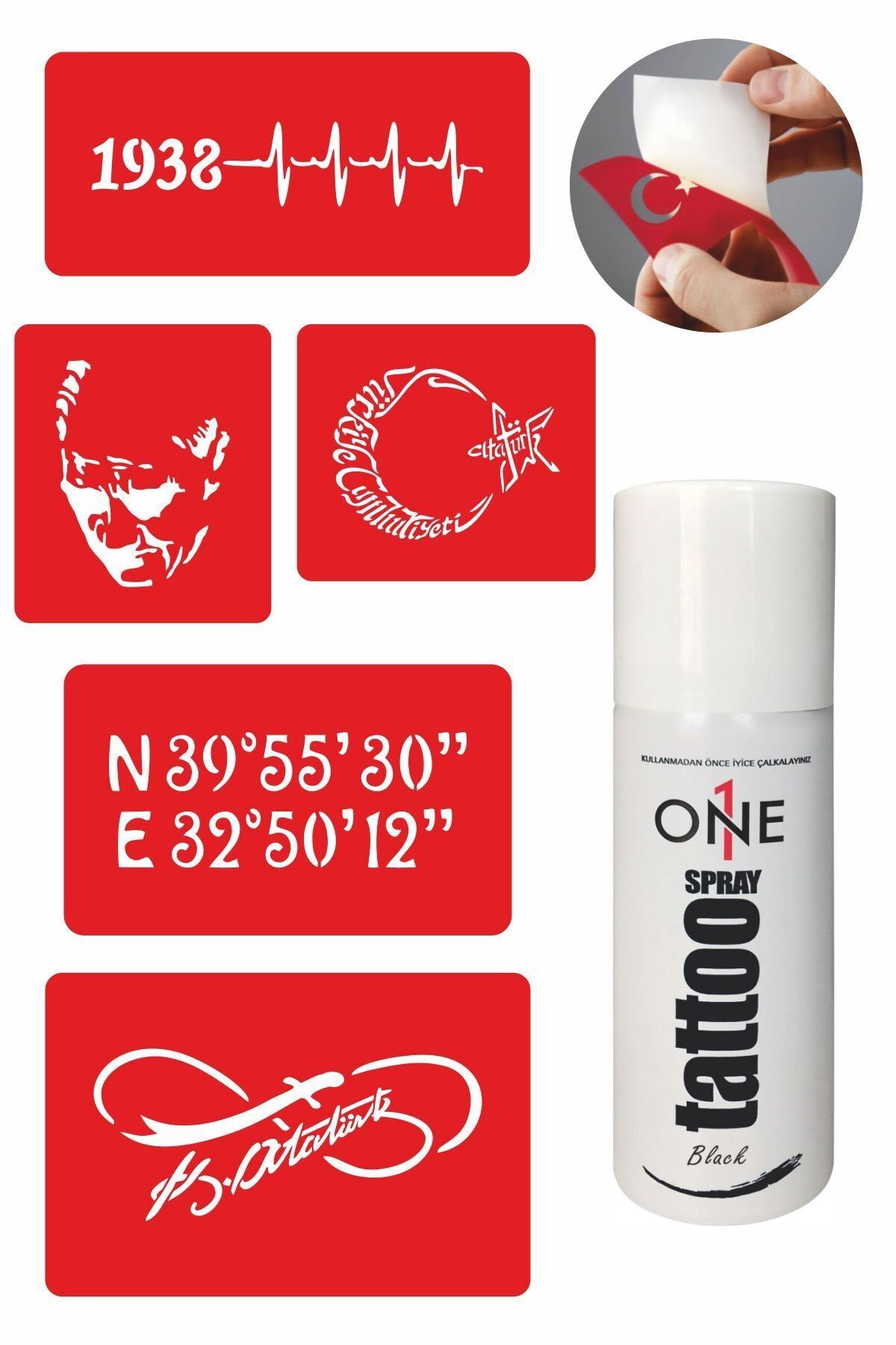 ONE SPRAY TATTOO Türkiye Dövme Seti Siyah Sprey Ve 5 Desen 7704015