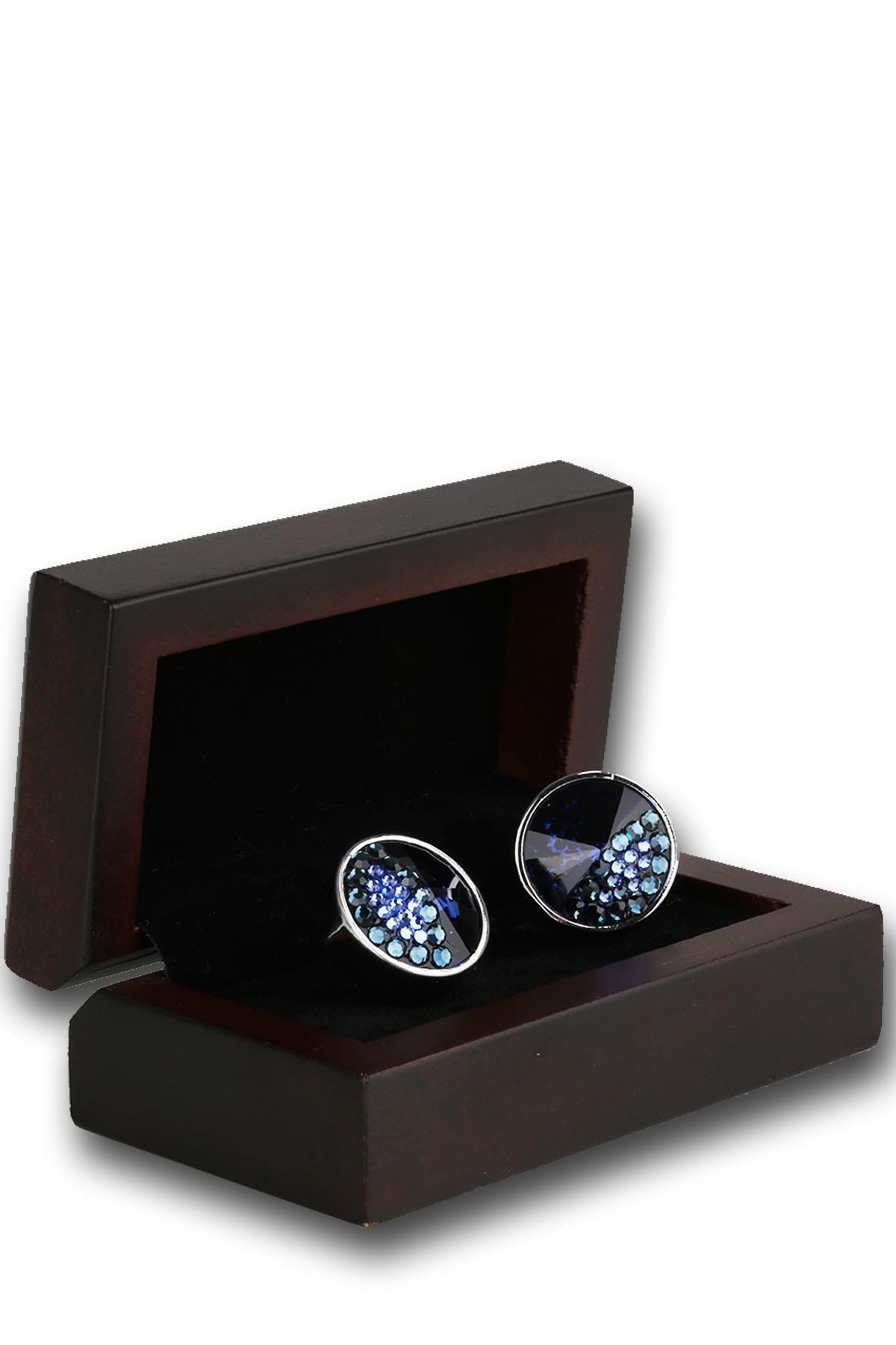 Kravatkolik Gümüş Renk Lacivert Taşlı Kol Düğmesi Kd1191