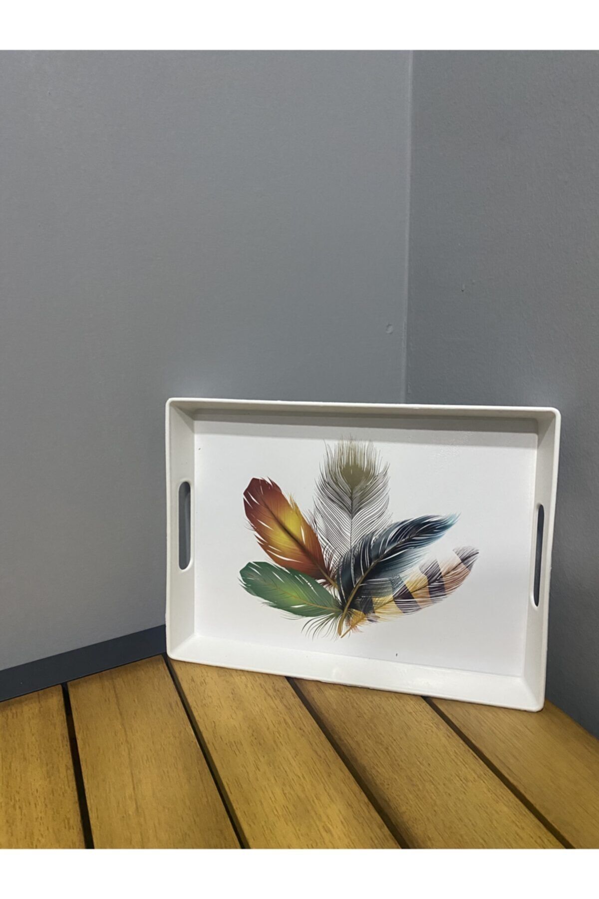 Çavdar Group 1 Adet Plastik Dikdörtgen Desenli Tepsi 30x22 Cm Çay Kahve Servis Tepsi Kuş Tüyü Desen
