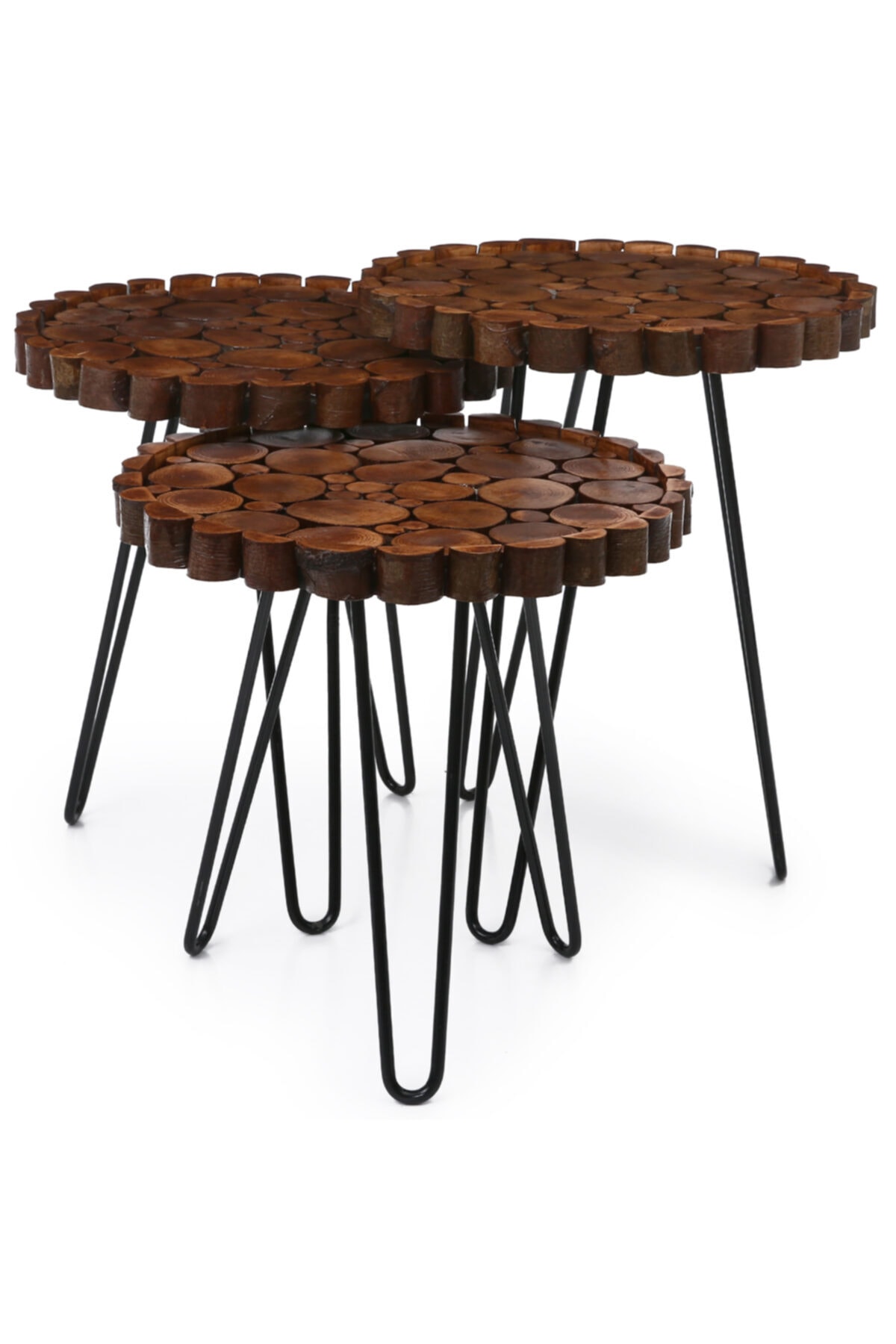 DFN WOOD Doğal Ahşap Metal Ayaklı Dekoratif 3'lü Zigon Sehpa 40 Cm Çap
