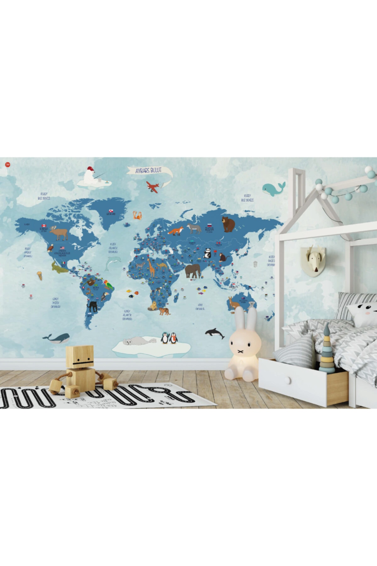 Dreamy Kids Dünya Haritası - Hayvanlar Alemi - Mavi (Çocuk Odası Duvar Kağıdı)