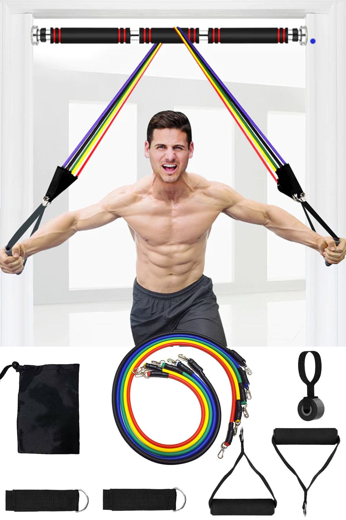 Jet Çantalı 12 Parça 5 Farklı Direnç Pilates Güç Lastiği Seti Ve 80-130 Cm Süngerli Kapı Barfiksi Demiri