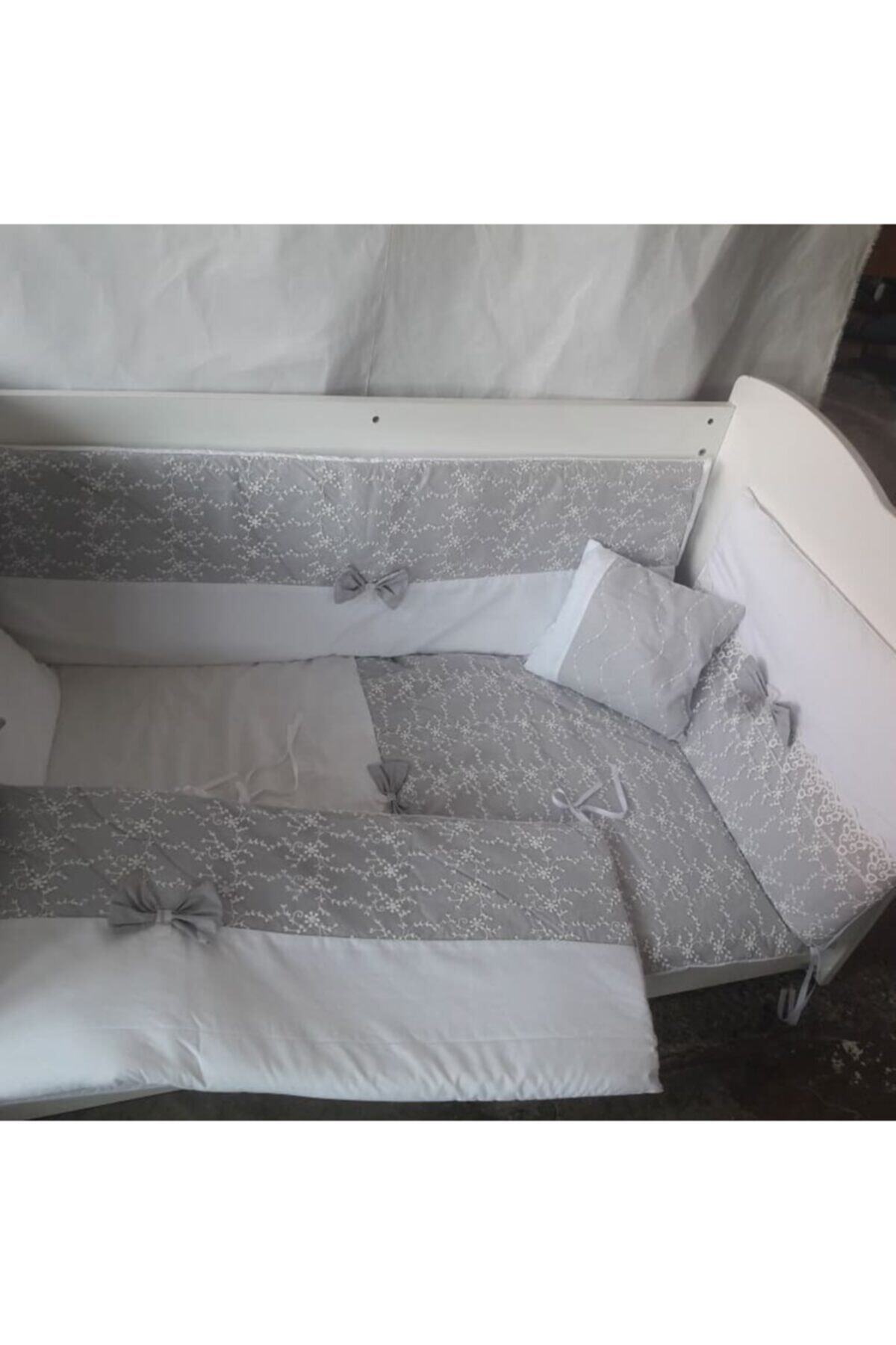 PrestijMagaza Lüks Fiyonklu Elegant Gri Beyaz Güpürlü Bebek Beşik Örtüsü Uyku Seti