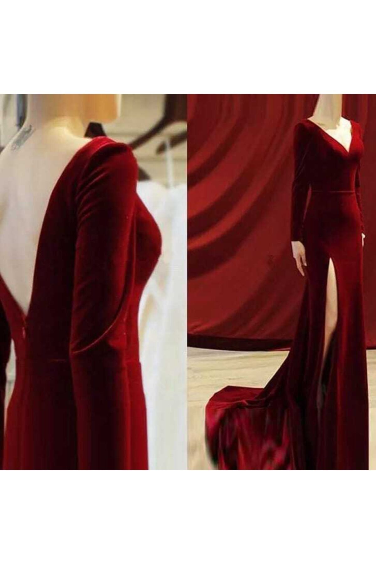 Styling Park Sırt Dekolteli Uzun Kadife Elbise