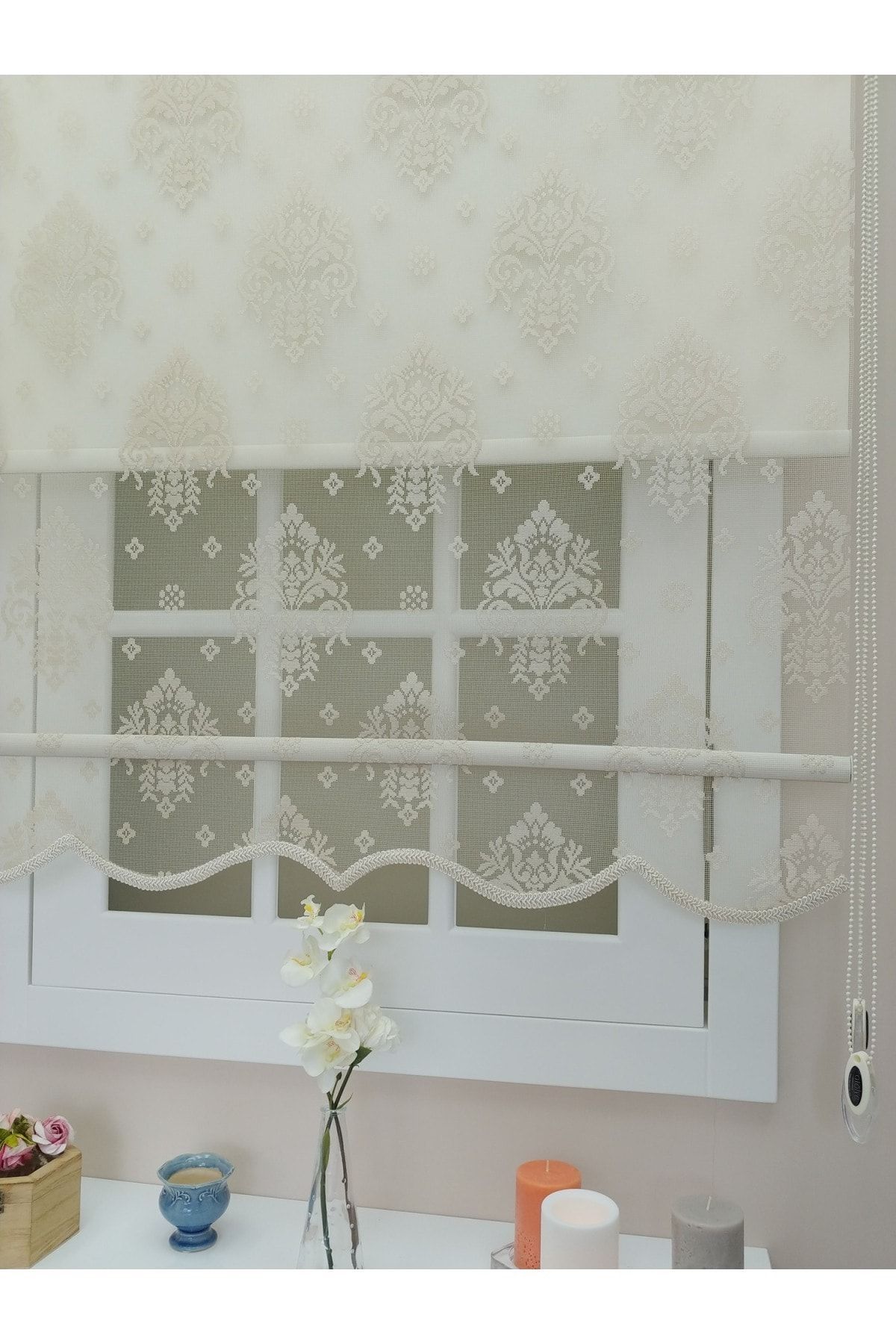 atölyeperde Çift Mekanizmalı Koyu Krem Damask Desenli Örme Tül + Stor