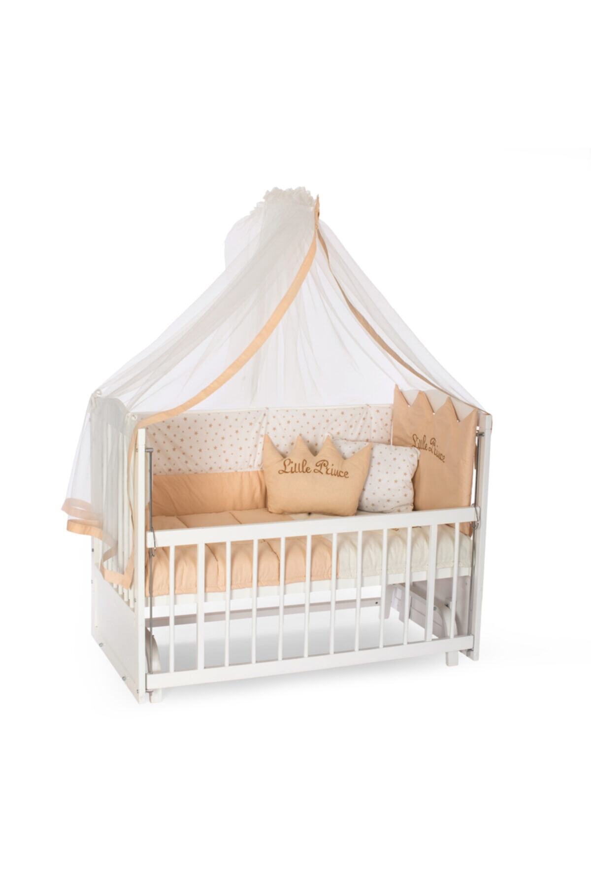 Heyner Ahşap Beşik Anne Yanı Beşik Sallanır Beşik Beyaz 60x120 + Krem Prens ( Erkek ) Uyku Seti + Yatak
