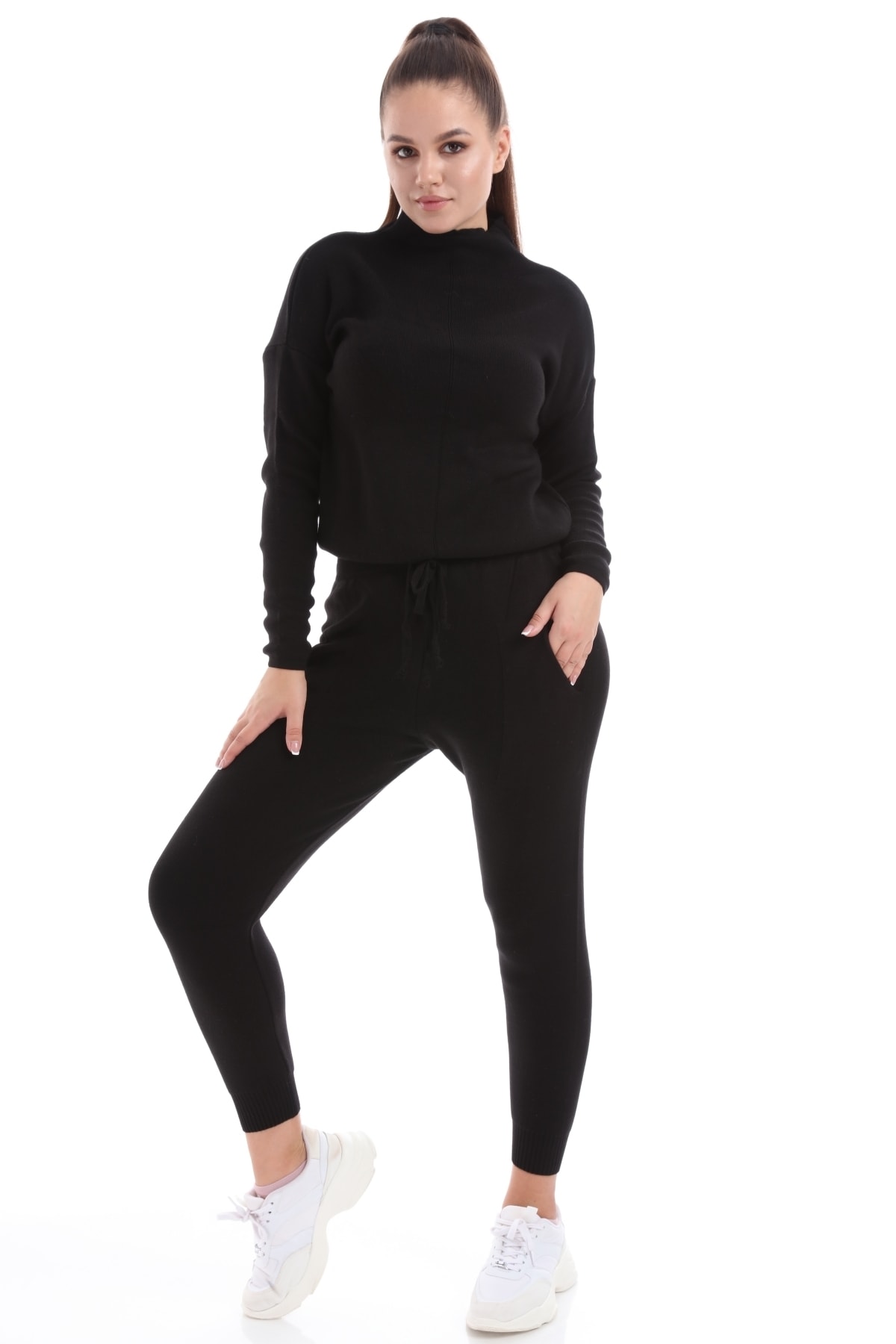 Luna Carina Kadın Paçası Lastikli 2'li Siyah Triko Takım