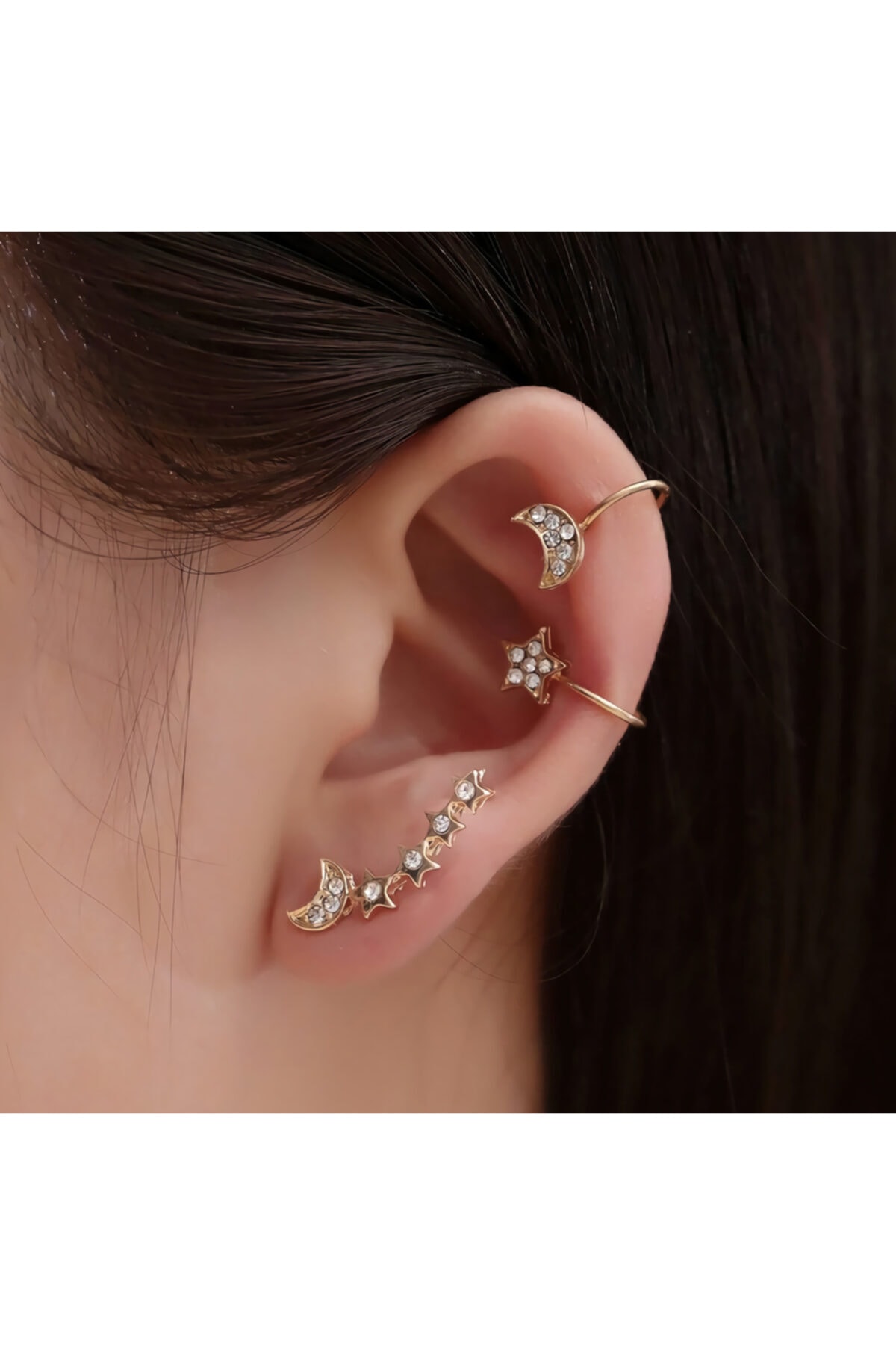 Playseba 3 Adet Zirkon Taşlı Ay Ve Yıldız Figürlü Sıkıştırmalı Earcuff Ve Küpe Seti