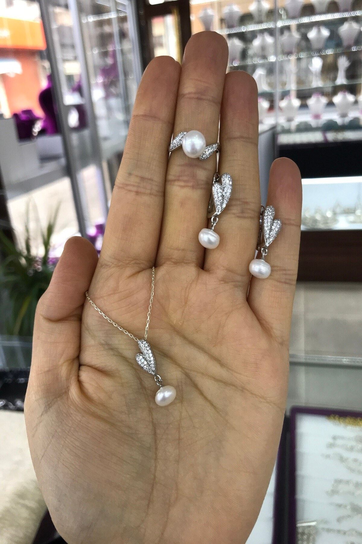 Sultan Telkari Kadın  Yapraklı Inci Model 925 Ayar Gümüş  Üçlü Set