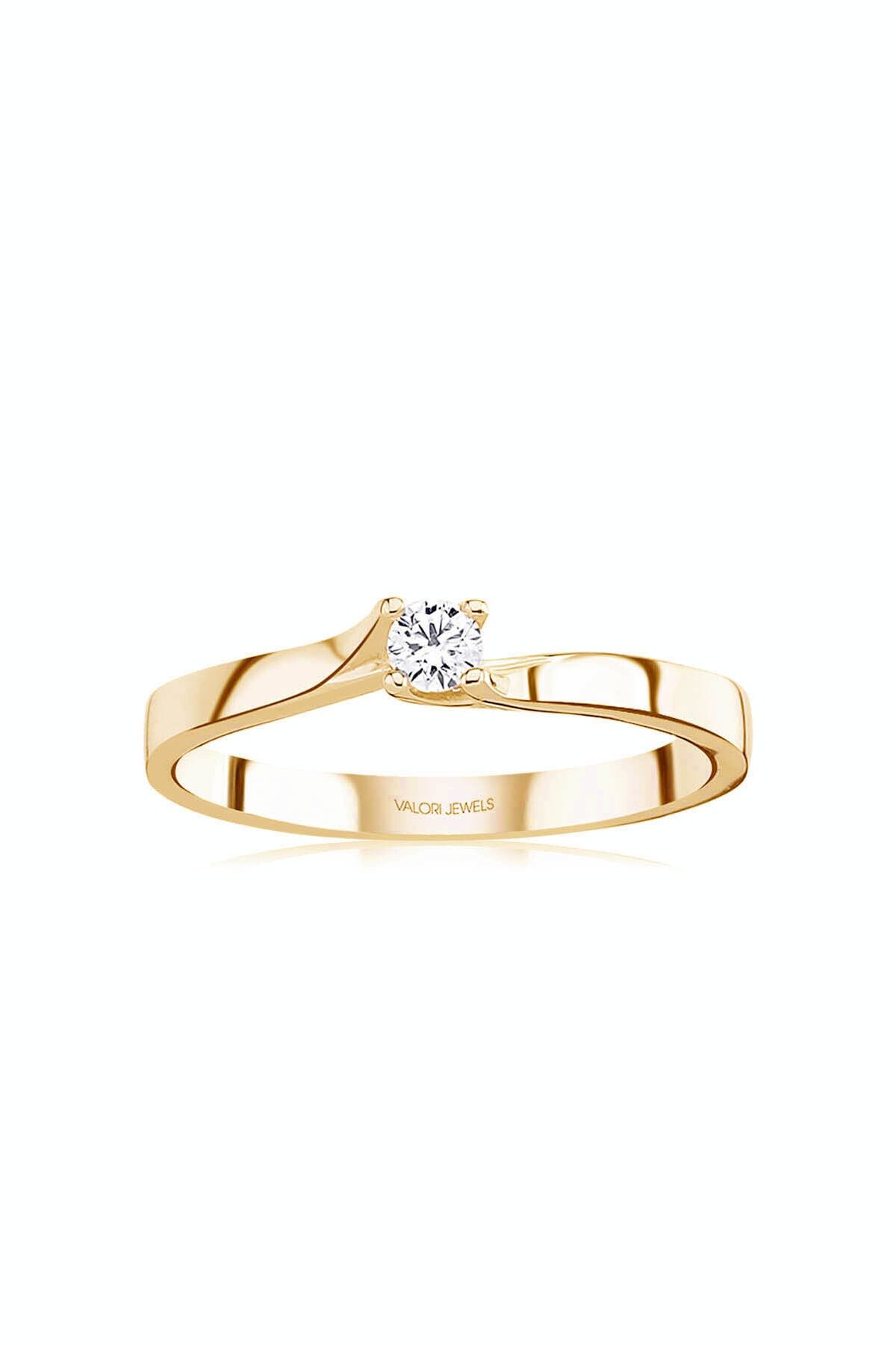 Valori Jewels 0.11 Karat Swarovski Zirkon Taşlı, Altın Rengi Gümüş Tektaş Yüzük