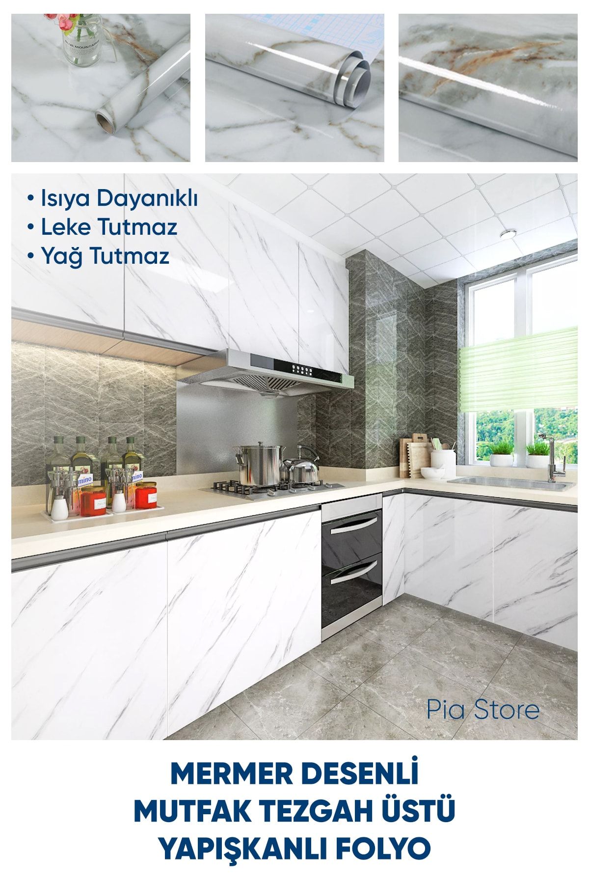 Pia Store Mermer Desenli Mutfak Tezgah Üstü Yapışkanlı Folyo 5mt X 60cm