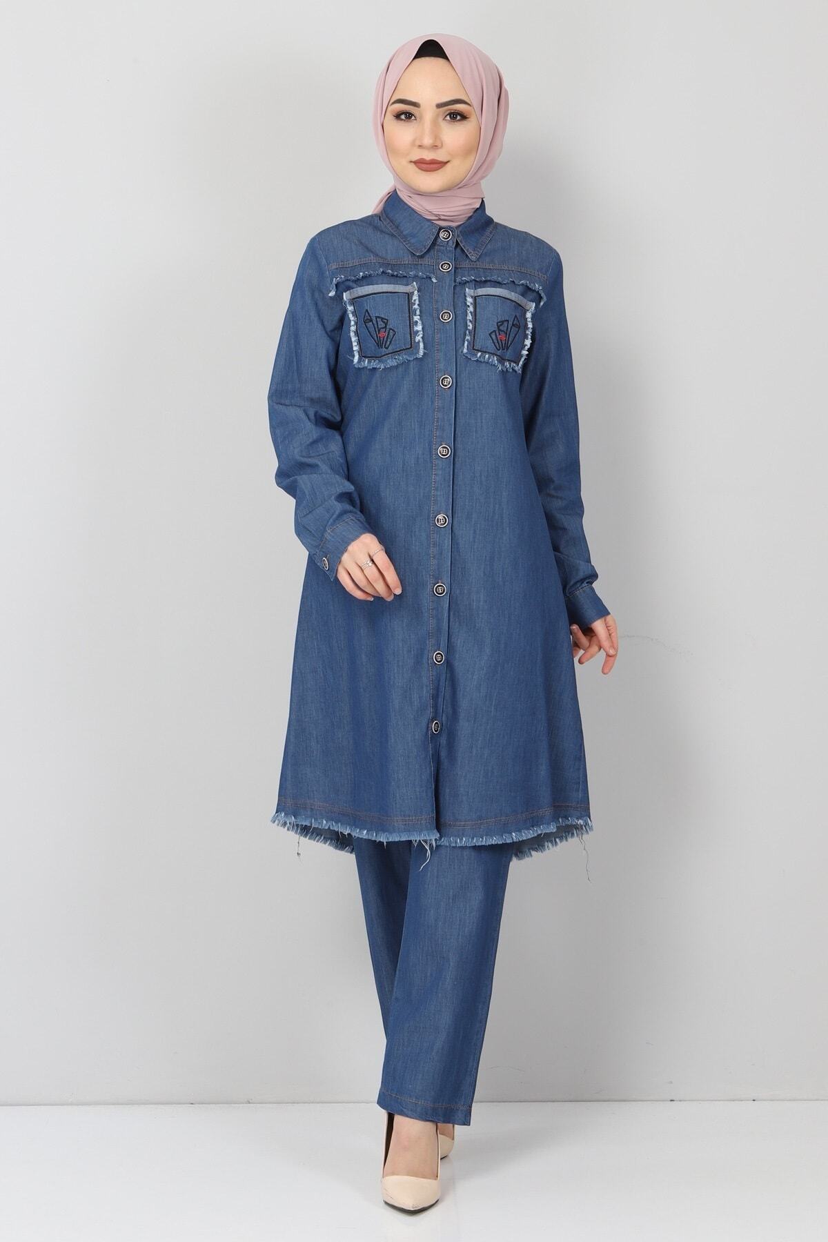 Modamihram Kadın Mavi Nakışlı Düğmeli Kot Gömlekli Takım