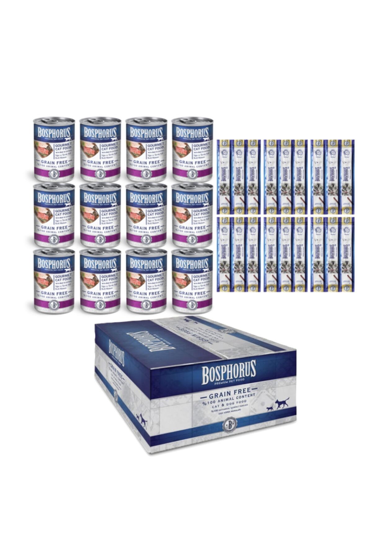 Bosphorus Sığır Ve Tavuk Etli Kedi Konservesi 12x415gr+tavuk Etli Ve Ciğerli Kedi Ödül Çubuğu 6 Adet 3lü Paket