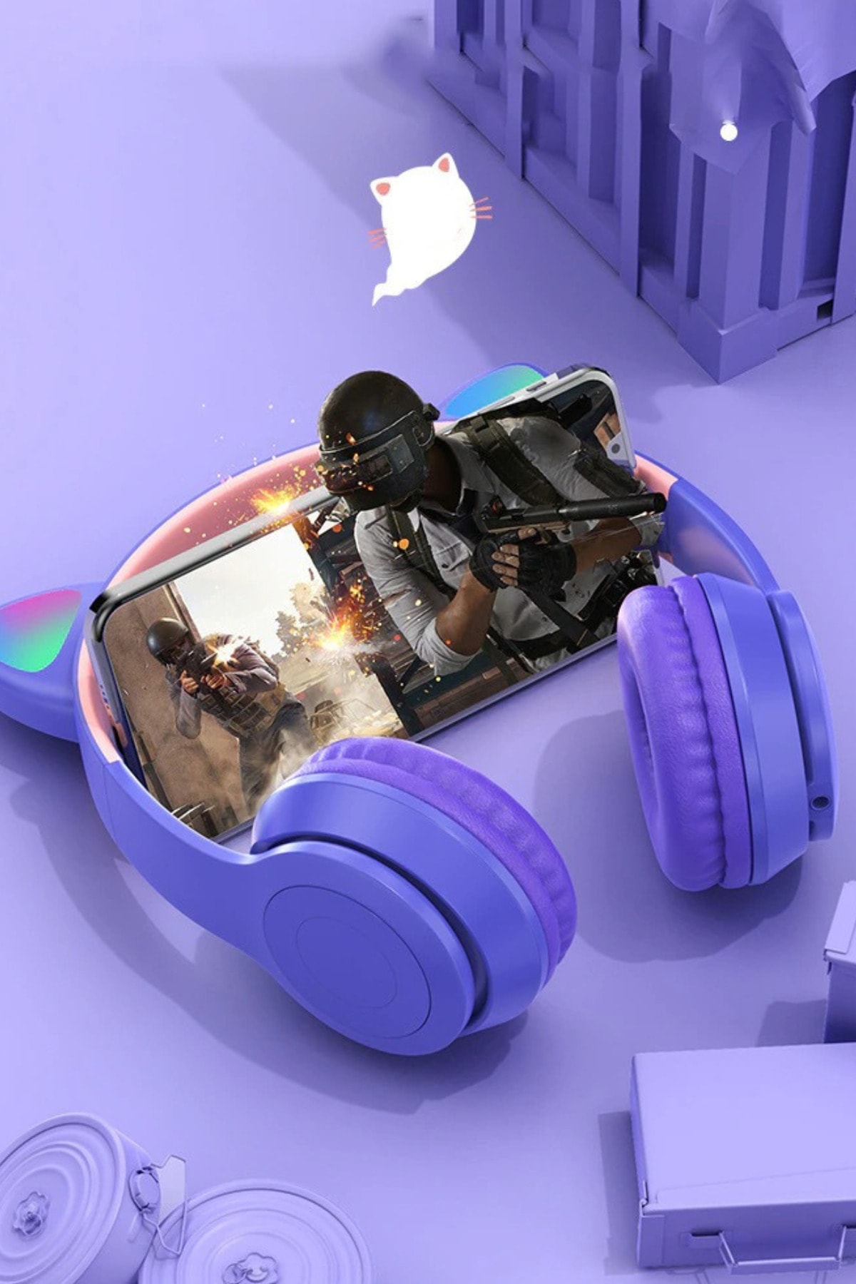 هدست بی سیم بلوتوث Cat Ear هدست بازی کودکان با نور رنگارنگ RGB بنفش با رادیو