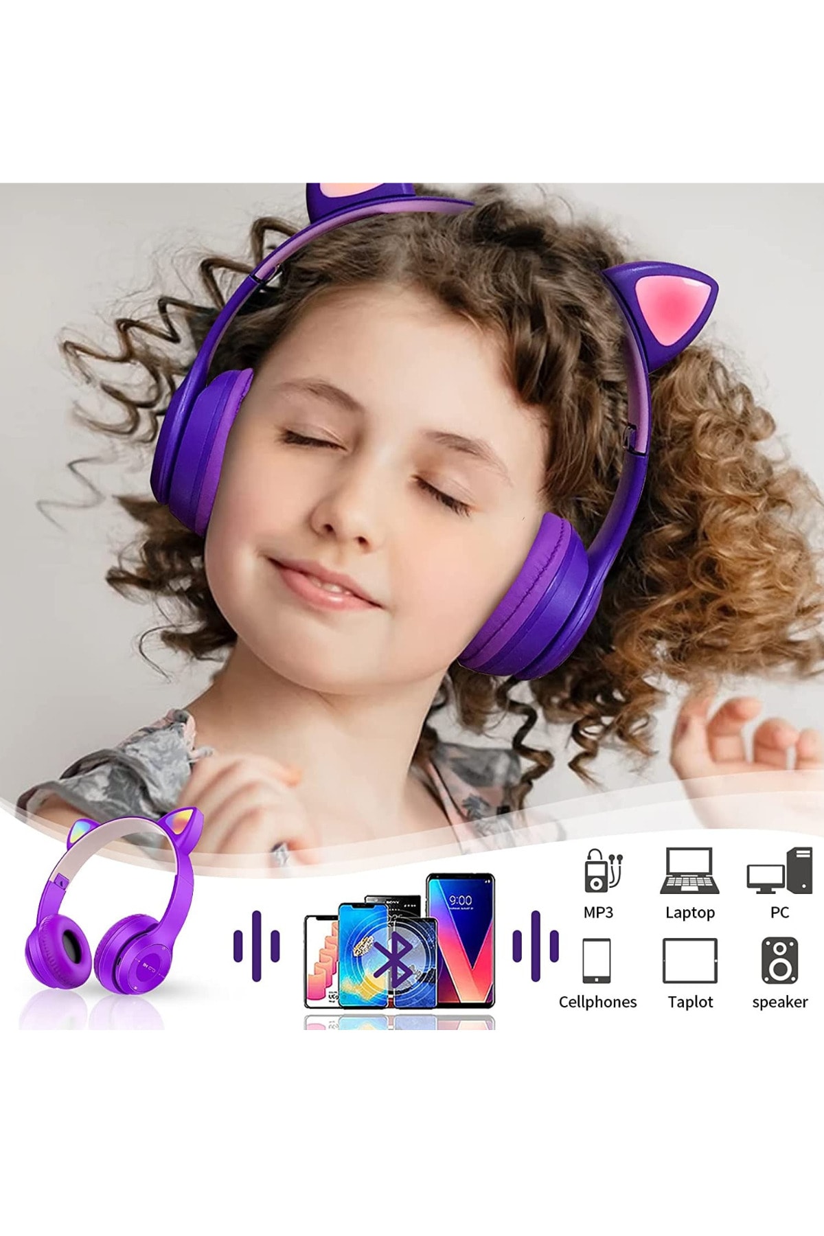 هدست بی سیم بلوتوث Cat Ear هدست بازی کودکان با نور رنگارنگ RGB بنفش با رادیو
